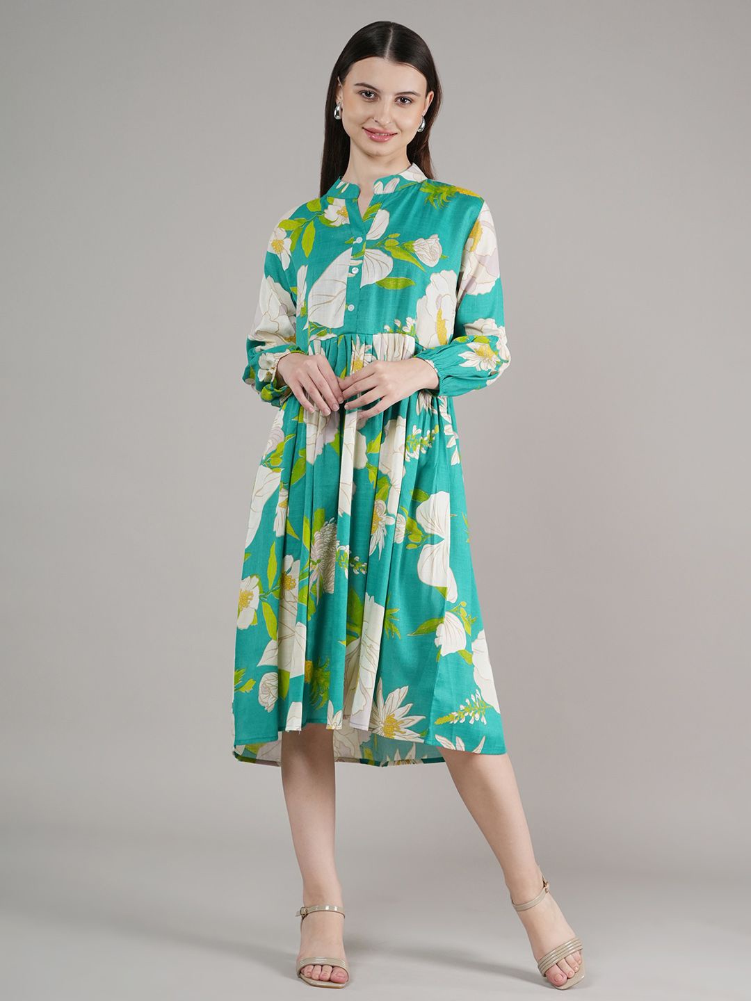 

Belfry Floral Bell Sleeve A-Line Midi Dress, Green