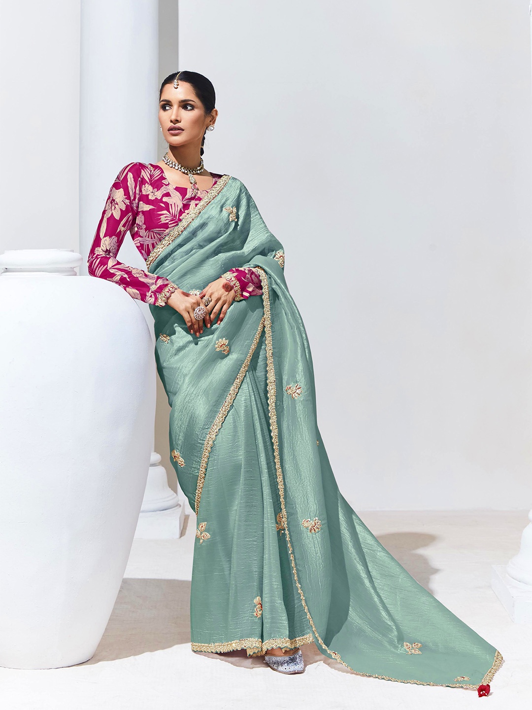 

House of D&S Floral Embroidered Pure Silk Saree, Green