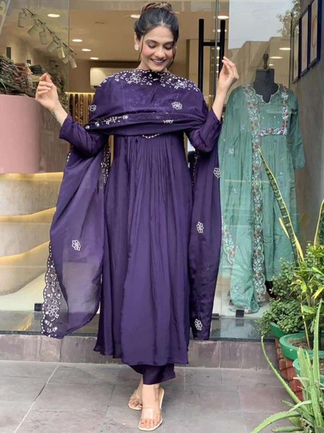 

KALINI Floral Yoke Design Thread Work Anarkali Kurta With Trousers & Dupatta, Purple