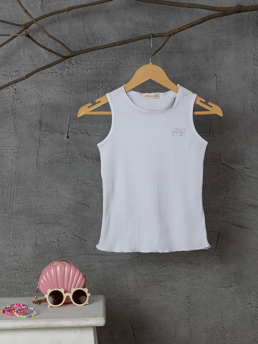 

Purple United Girls Striped Round Neck Tank Top, White