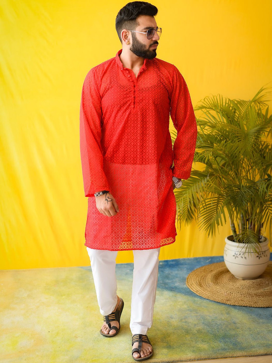 

Echo Ethnic Men Ethnic Motifs Embroidered Chikankari Handloom Georgette Kurta, Red