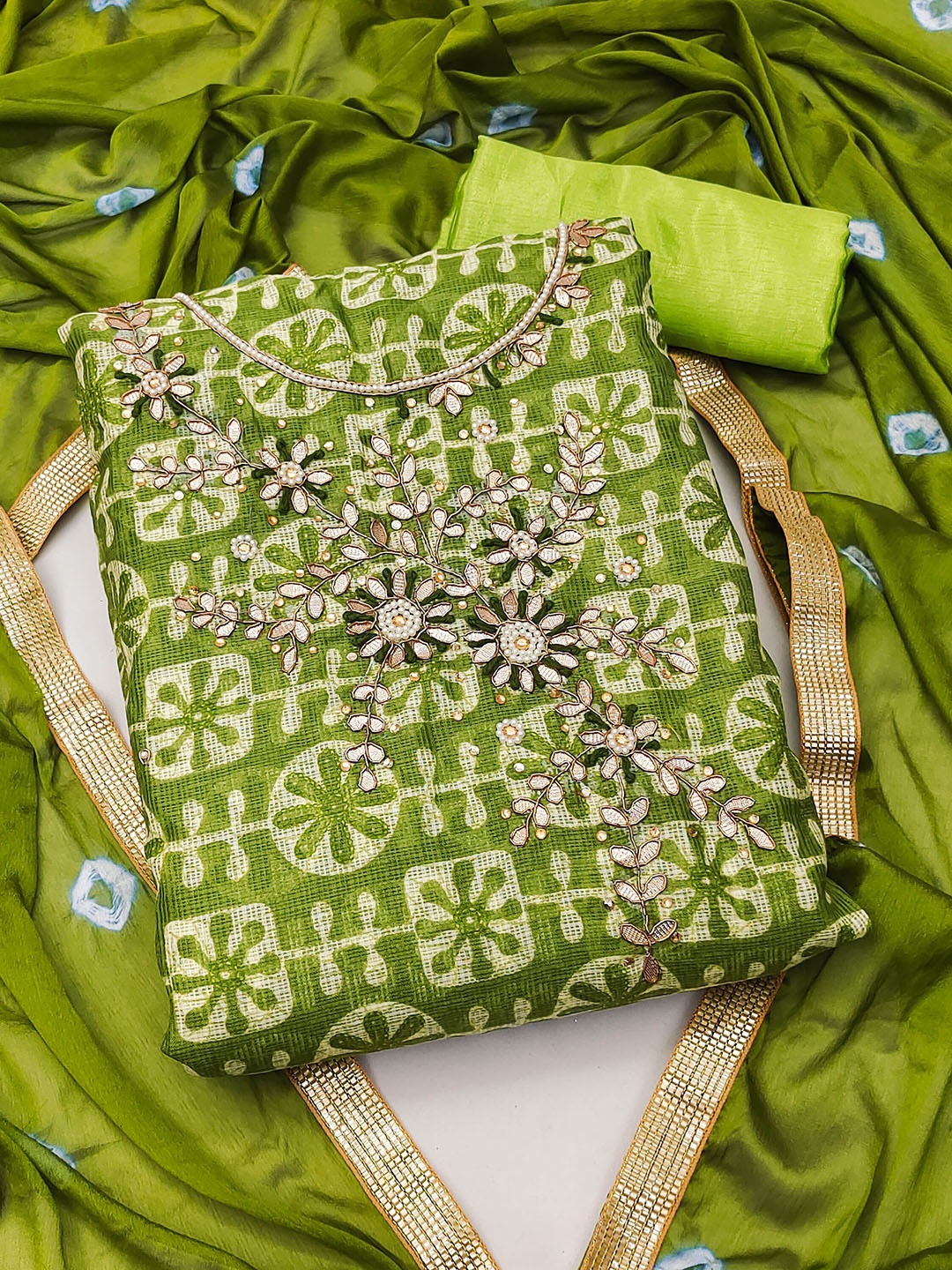 

HERE&NOW Embellished Unstitched Dress Material, Green