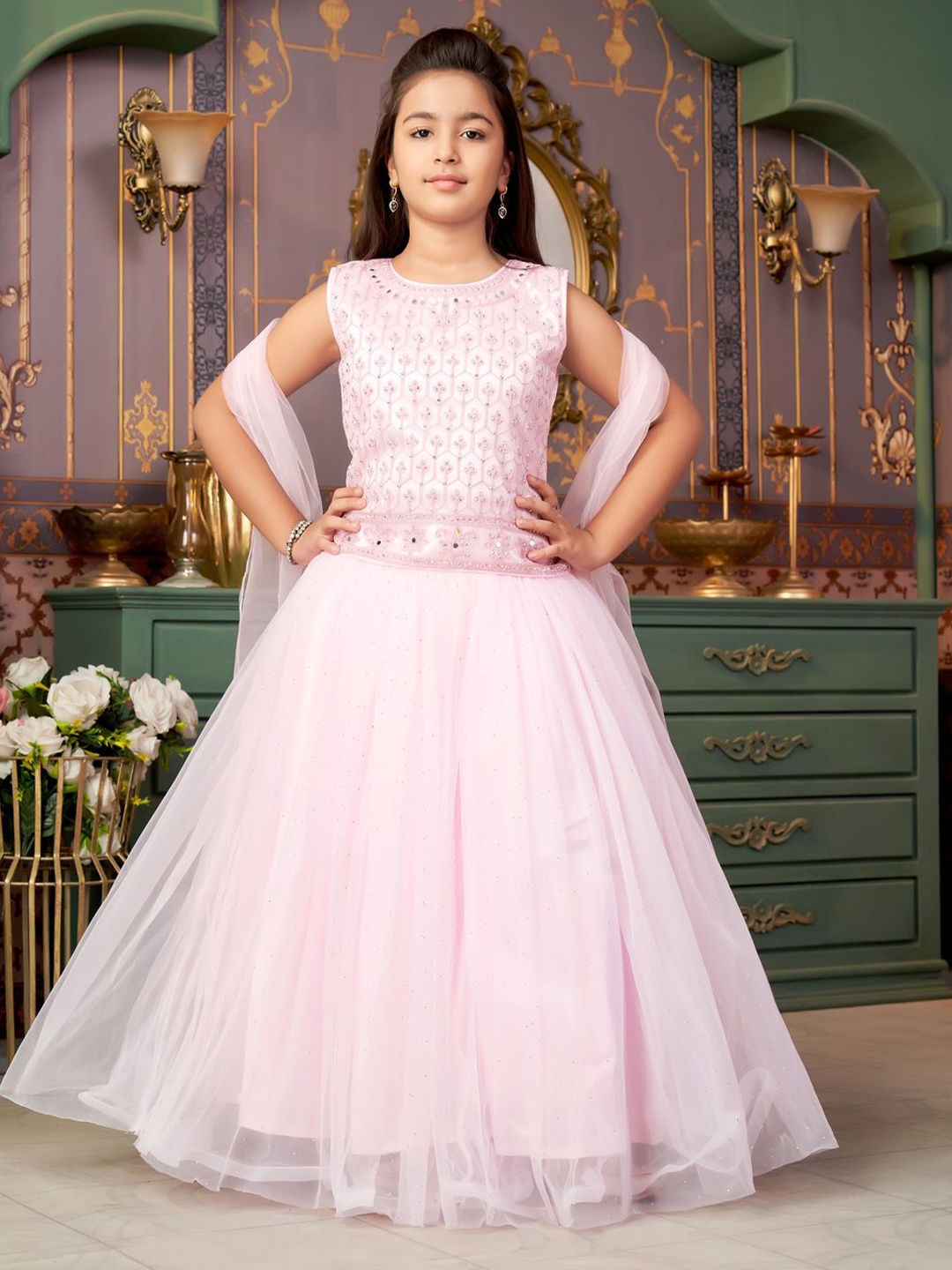 

Sangria Girls Mirror Embroidered Net Lehenga Choli With Dupatta, Pink