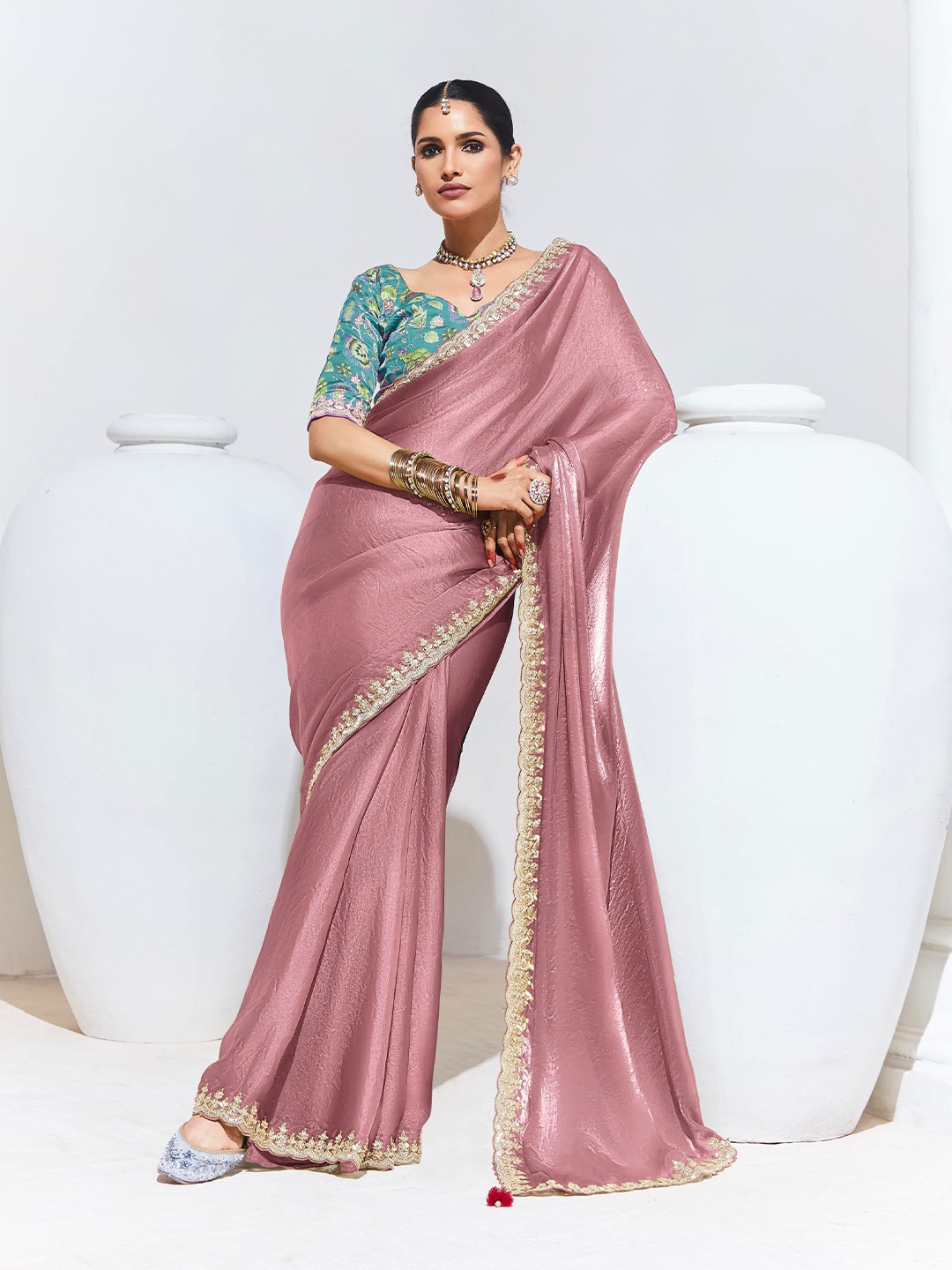 

House of D&S Sequinned Pure Silk Saree, Pink