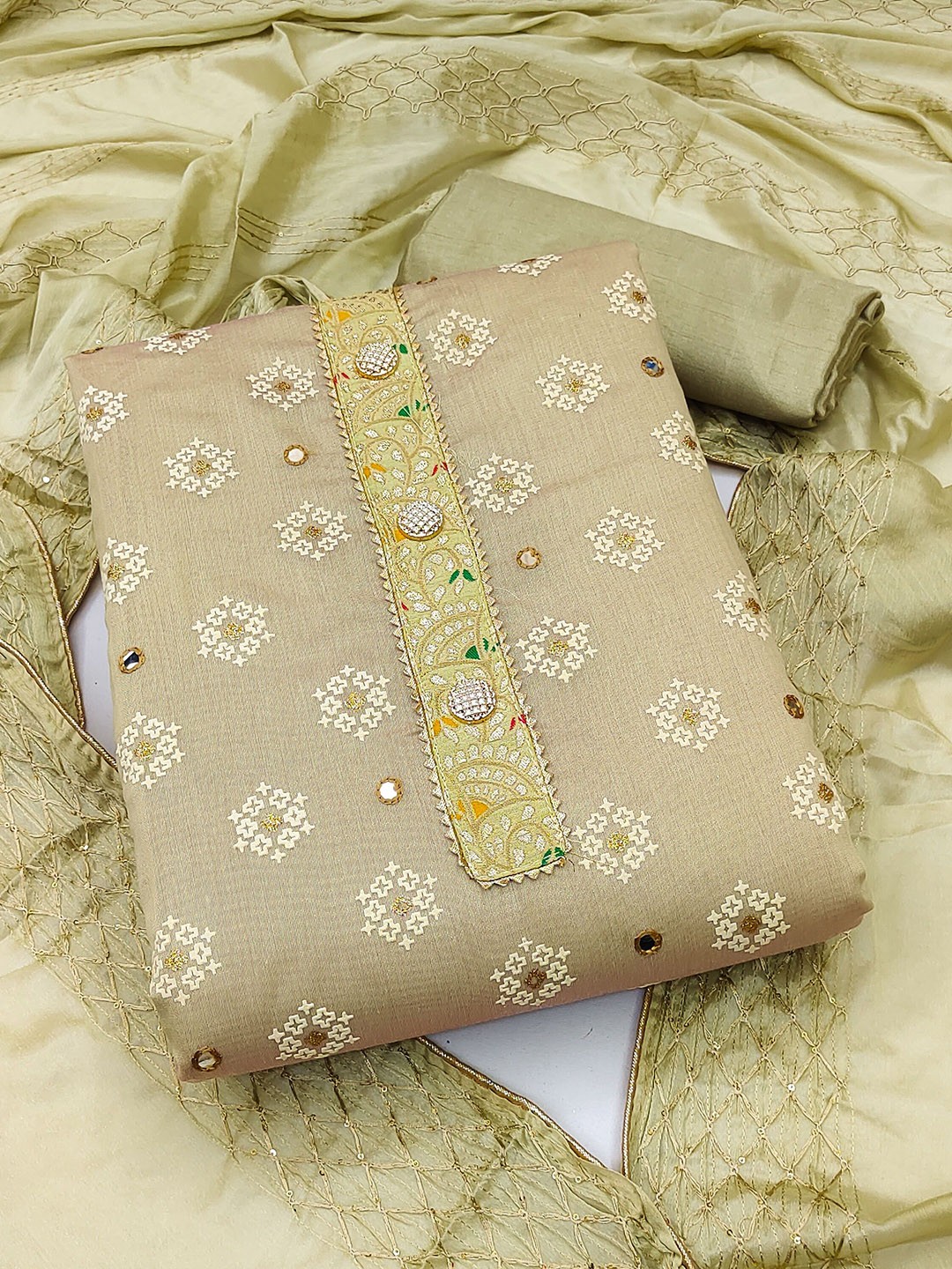 

HERE&NOW Embellished Unstitched Dress Material, Beige