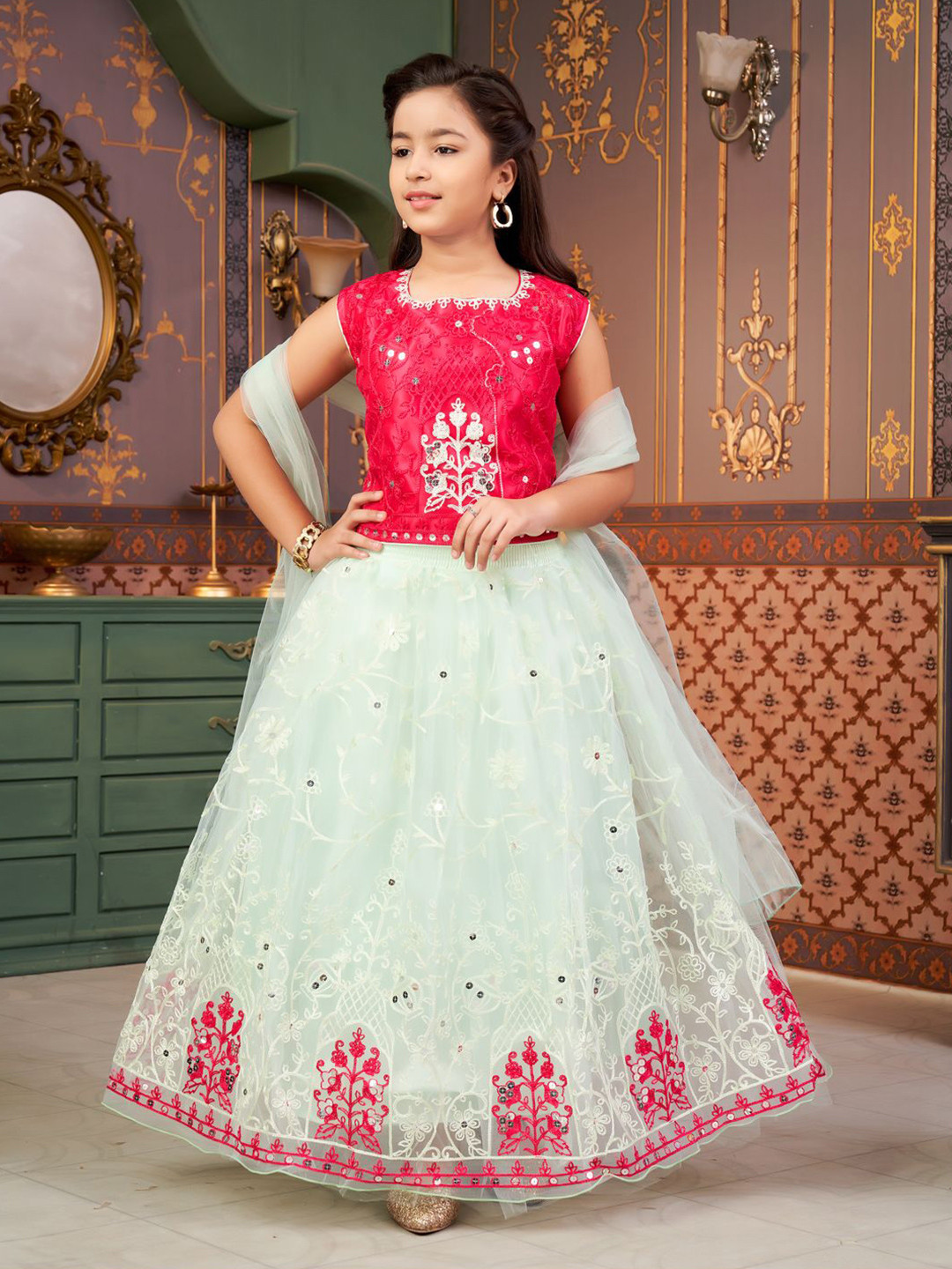 

BAESD Girls Embroidered Thread Work Lehenga & Blouse With Dupatta, Pink