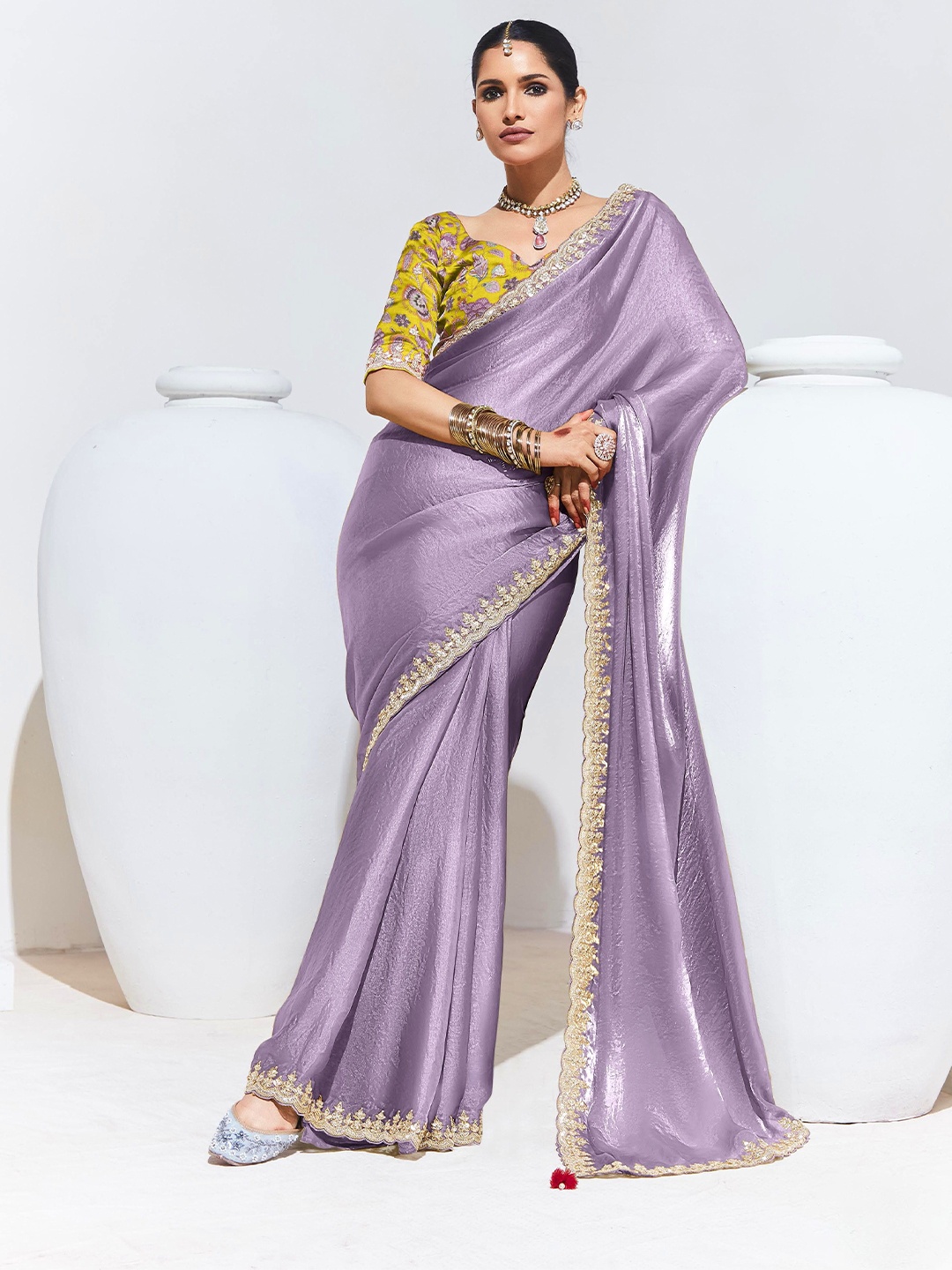 

House of D&S Embroidered Pure Silk Saree, Lavender