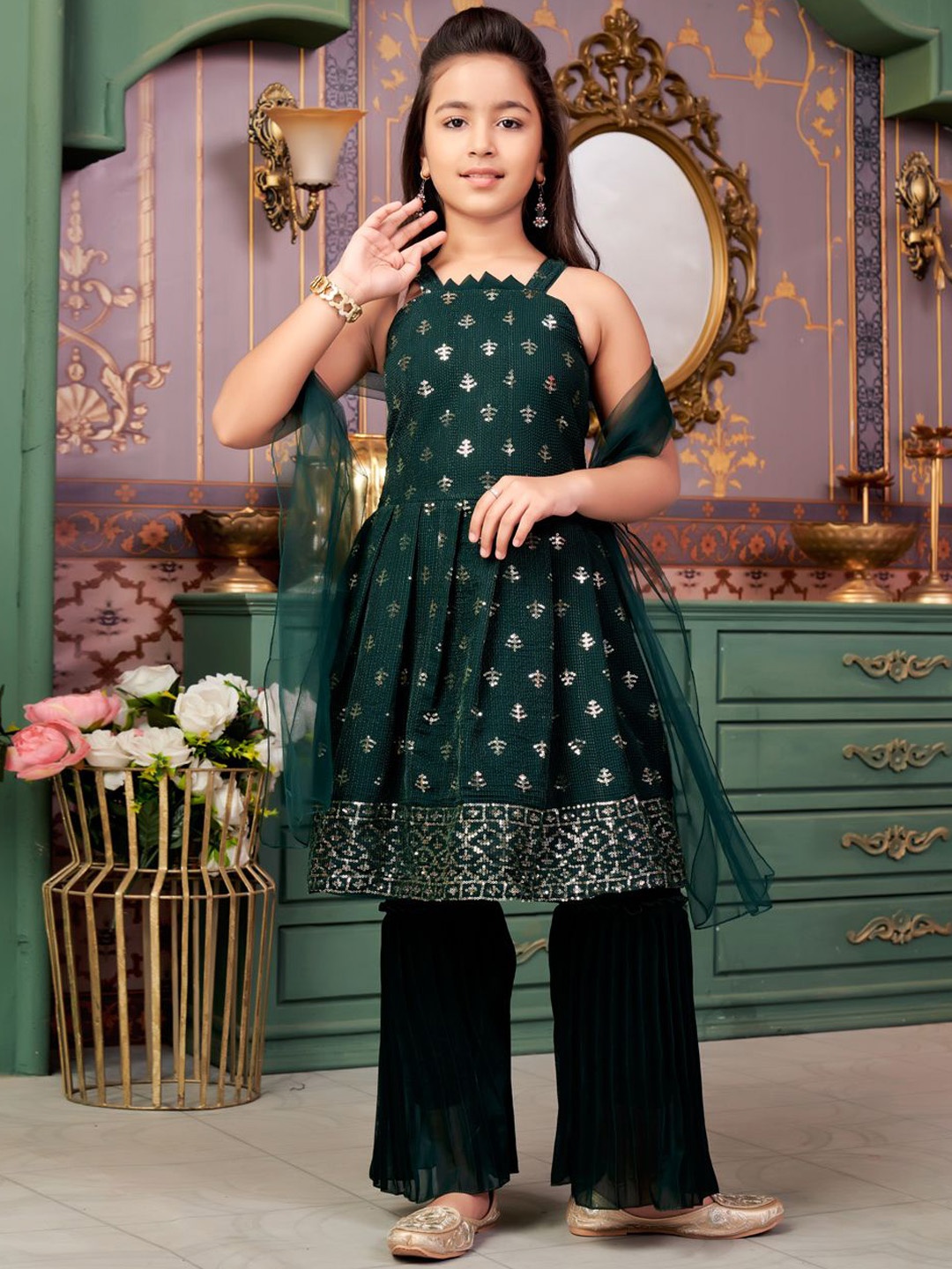 

Sangria Girls Embroidered Sequined Kurta Sharara & Dupatta Set, Green