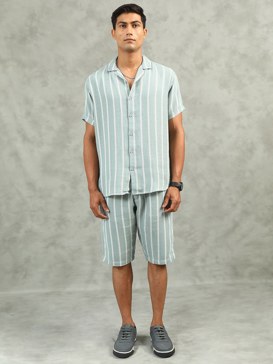 

beevee Pure Cotton Striped Shirt With Shorts Co-Ords, Green
