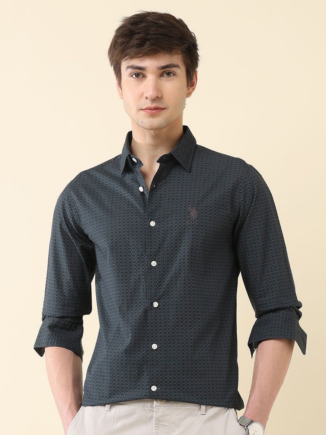 

U.S. Polo Assn. Men Classic Tailored Fit Opaque Printed Casual Shirt, Blue