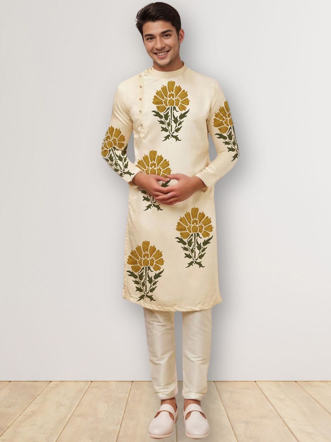 

DEVOILER Men Ethnic Motifs Printed Gotta Patti Kurta, Beige