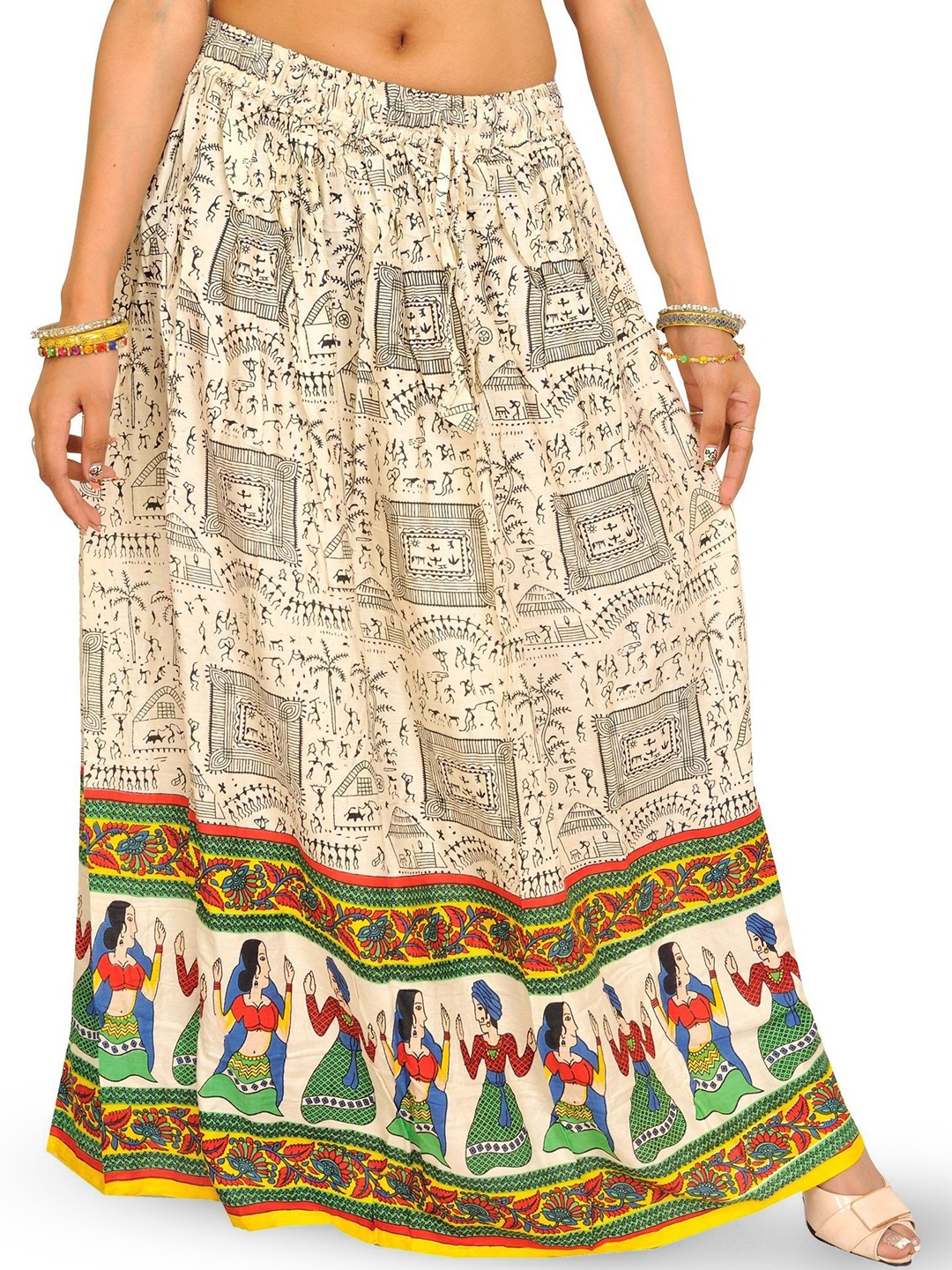 

Exotic India Off-White Warli Folk Printed Rayon Long Skirt With Dancing Couples