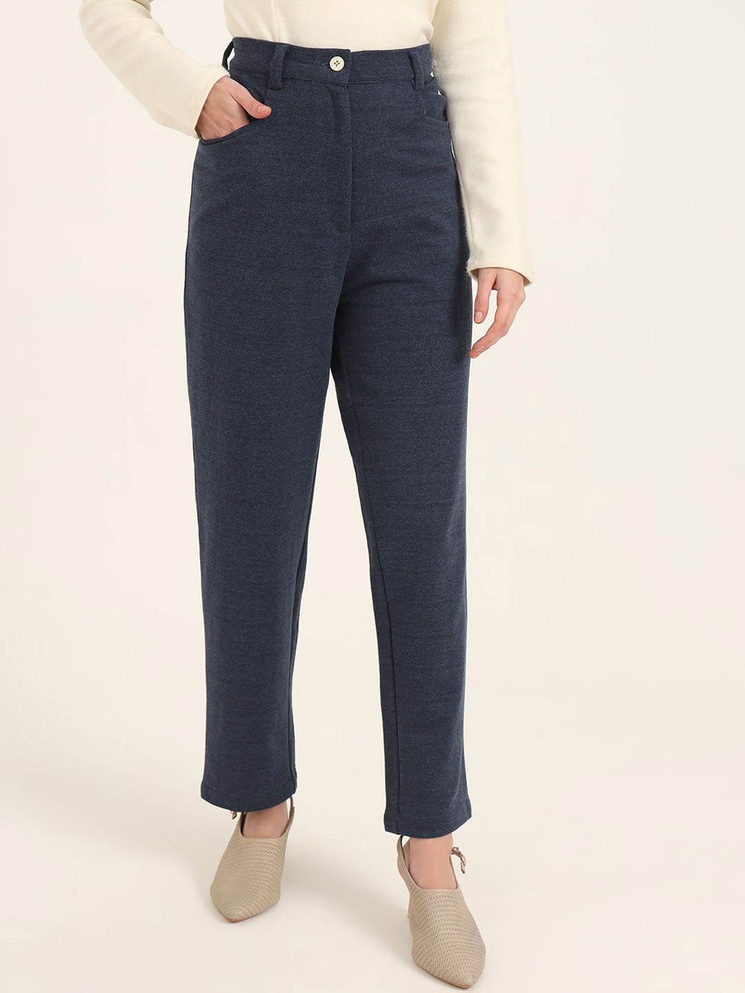 

AMSWAN Women Smart Slim Fit High-Rise Trousers, Blue