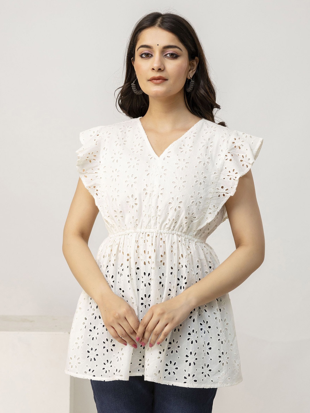 

BAESD Print Cotton Cinched Waist Top, White