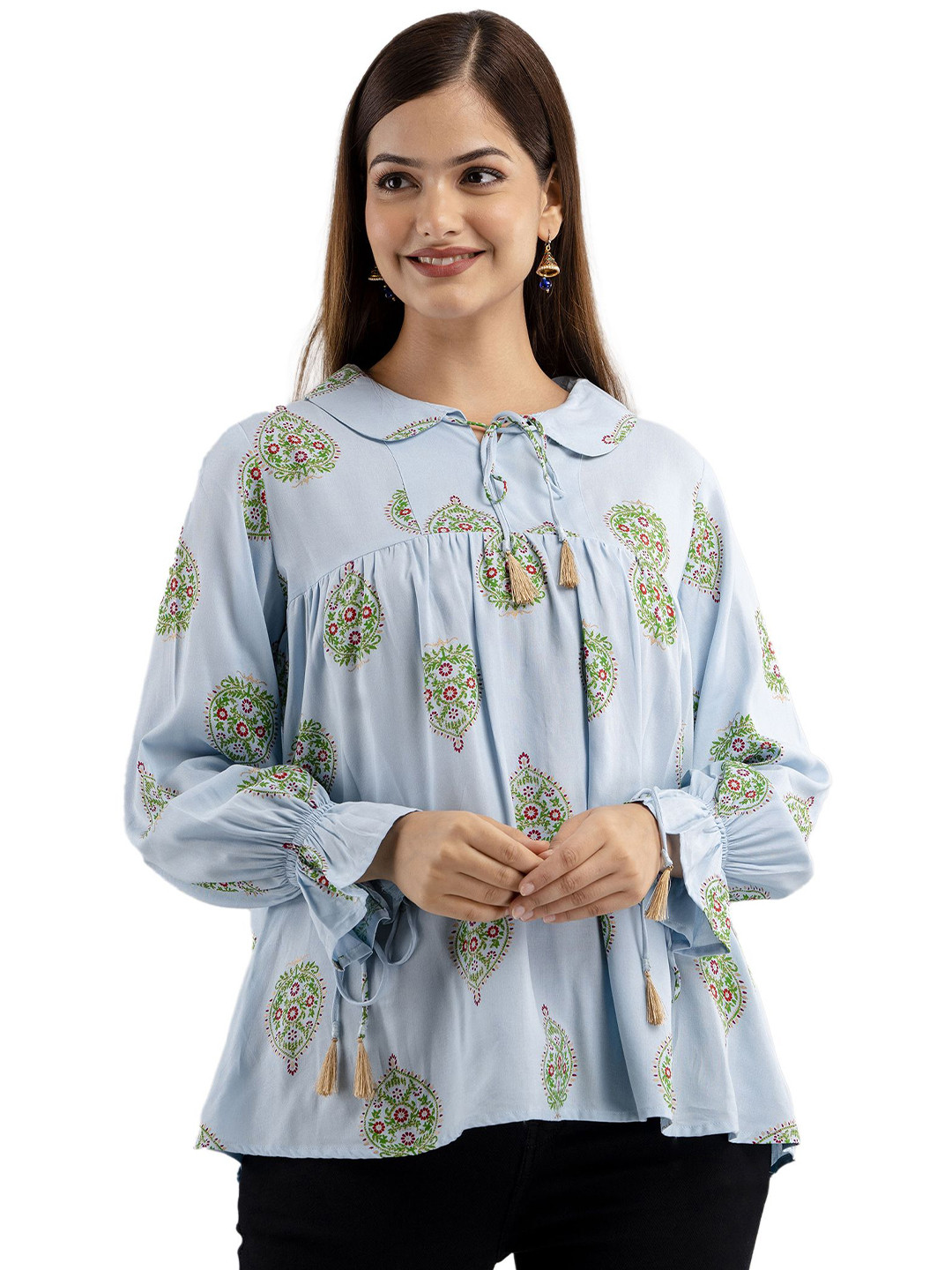 

DMP FASHION Floral Print Tie-Up Neck Cotton Top, Off white