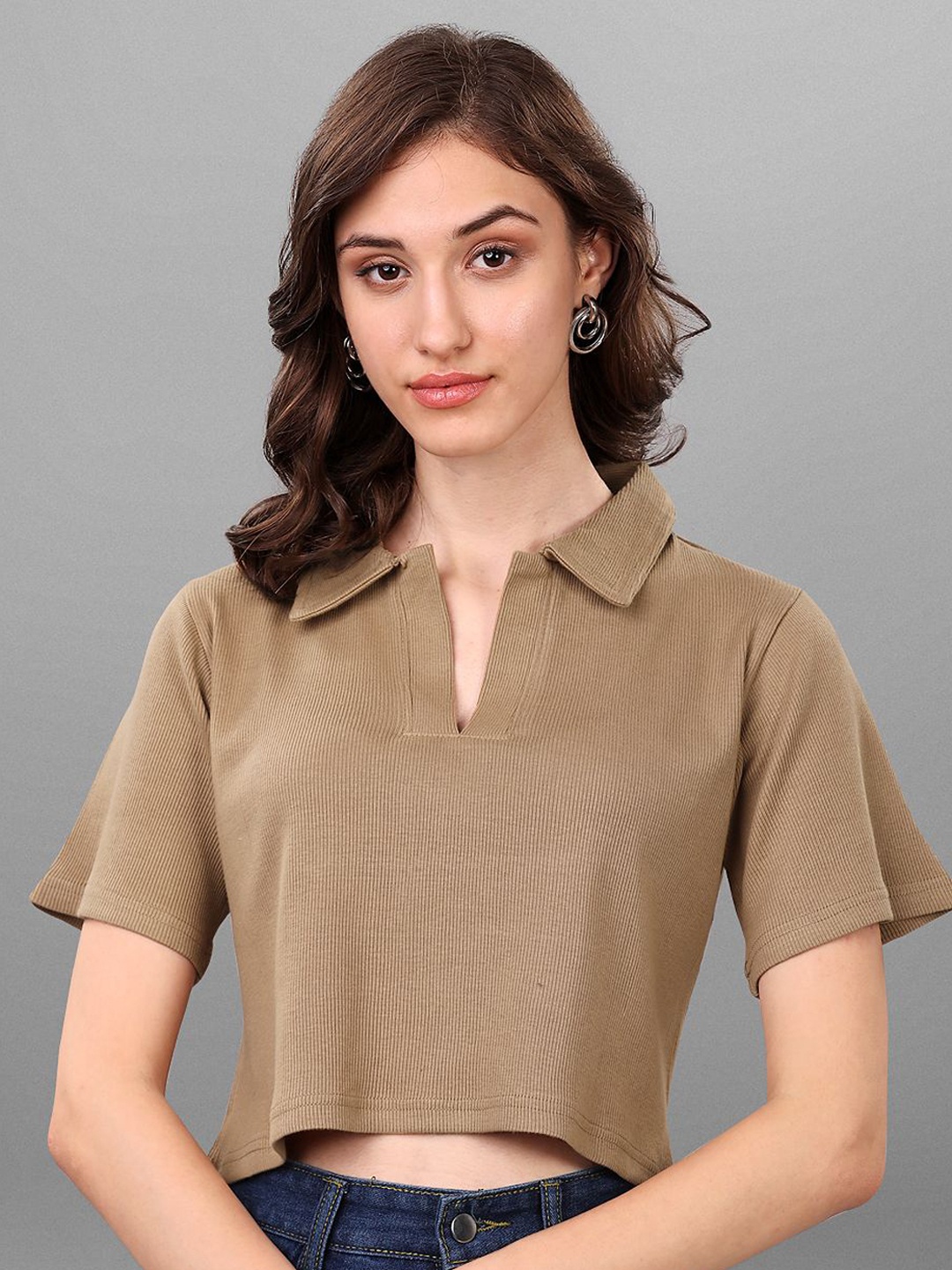 

SXV STYLE Floral Cotton Net Boxy Crop Top, Tan