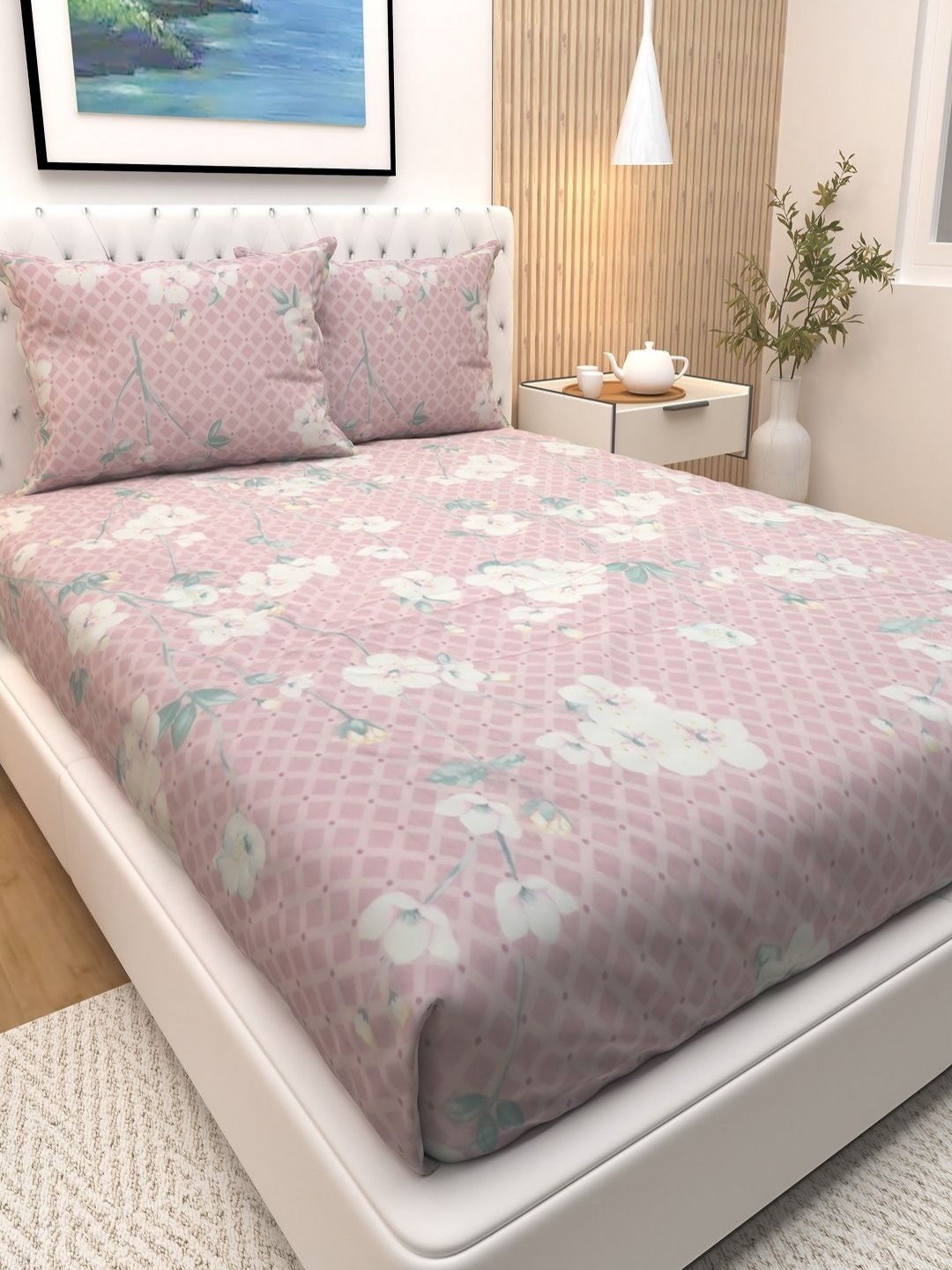 

Athom Living Pink & White Floral 180 TC Queen Bedsheet with 2 Pillow Covers