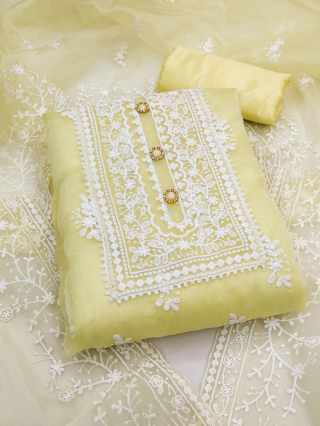 

HERE&NOW Embroidered Organza Unstitched Dress Material, Yellow