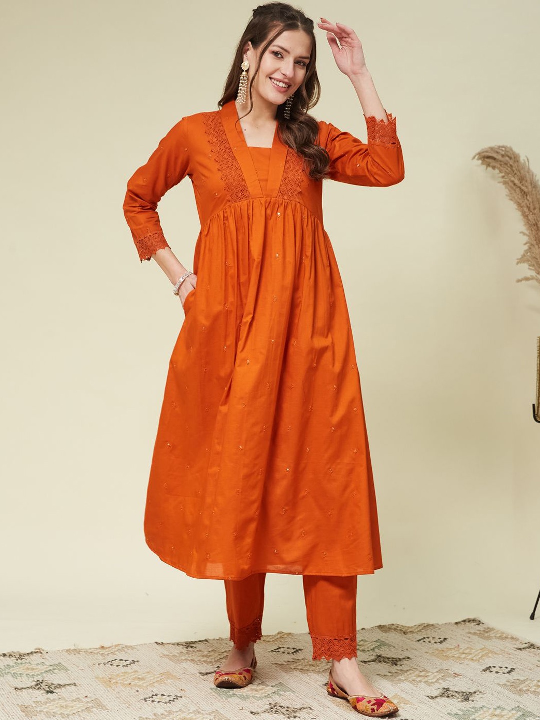 

MOKOSH Floral Embroidered V-Neck Sequinned Cotton A-Line Kurta with Trousers, Orange