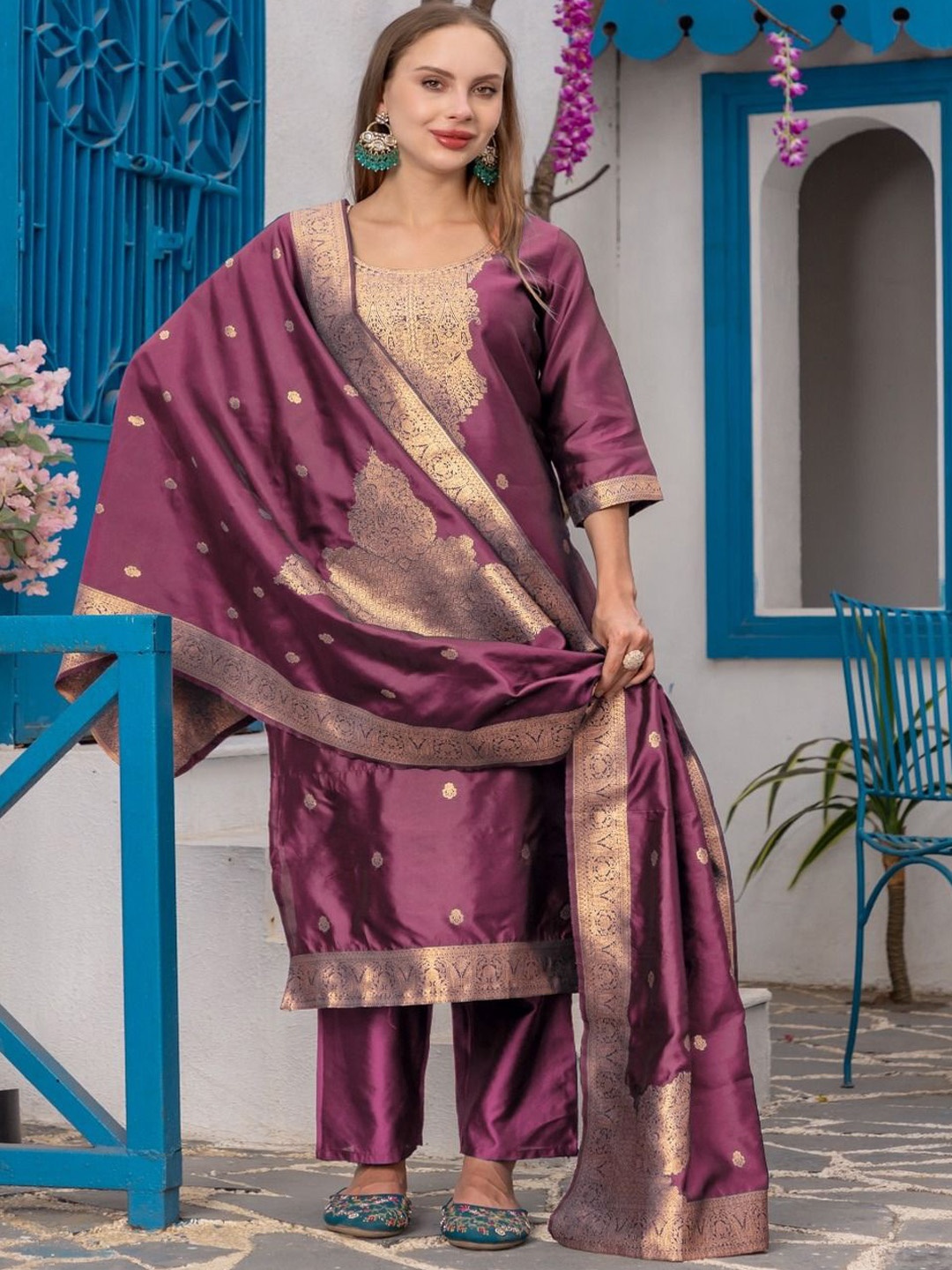 

KALINI Paisley Woven Design Round Neck Straight Kurta with Trousers & Dupatta, Mauve