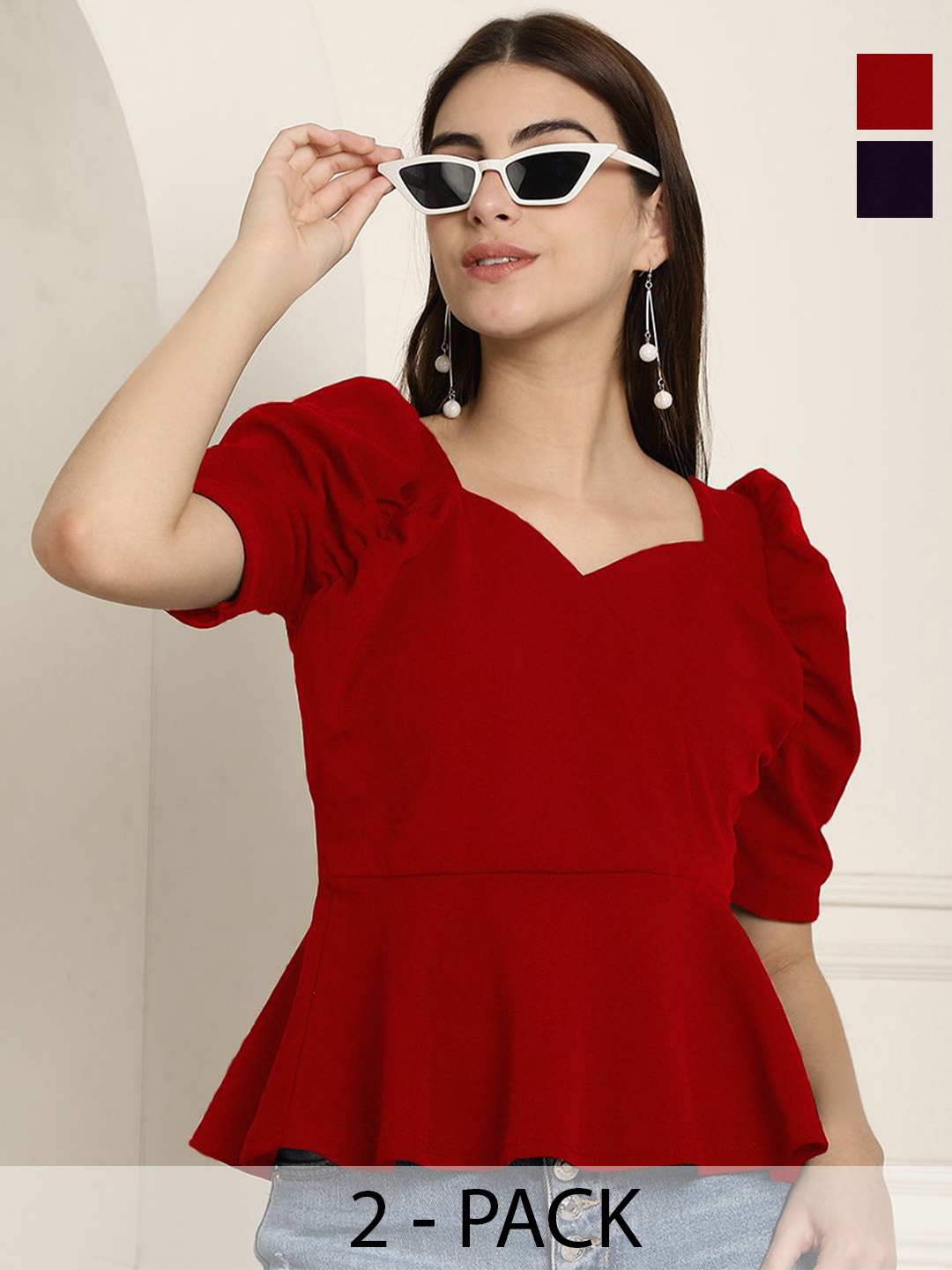 

Tromko Women Pack Of 2 Sweetheart Neck Peplum Top, Red