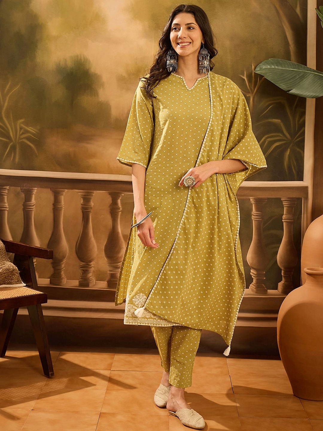 

RangDeep Women Ethnic Motifs Printed Regular Thread Work Pure Cotton Kurta with Trousers & With Dupatta, Lime green