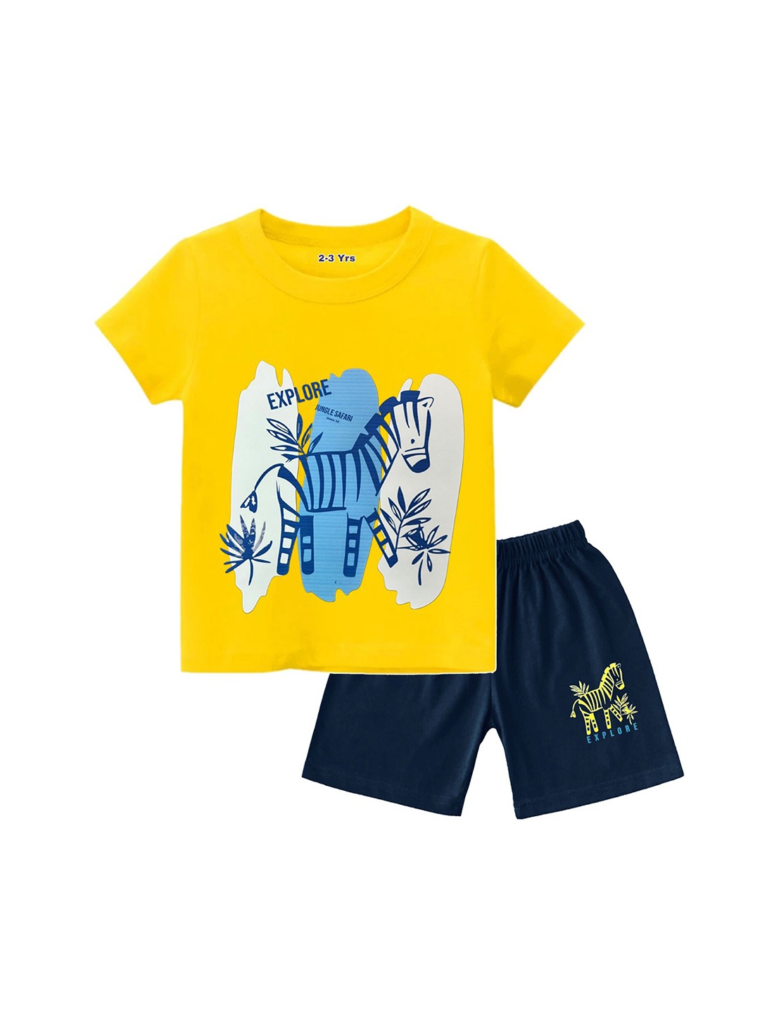 

FRENCH KLEIDER Boys Printed Round Neck Pure Cotton T-shirt With Shorts, Yellow