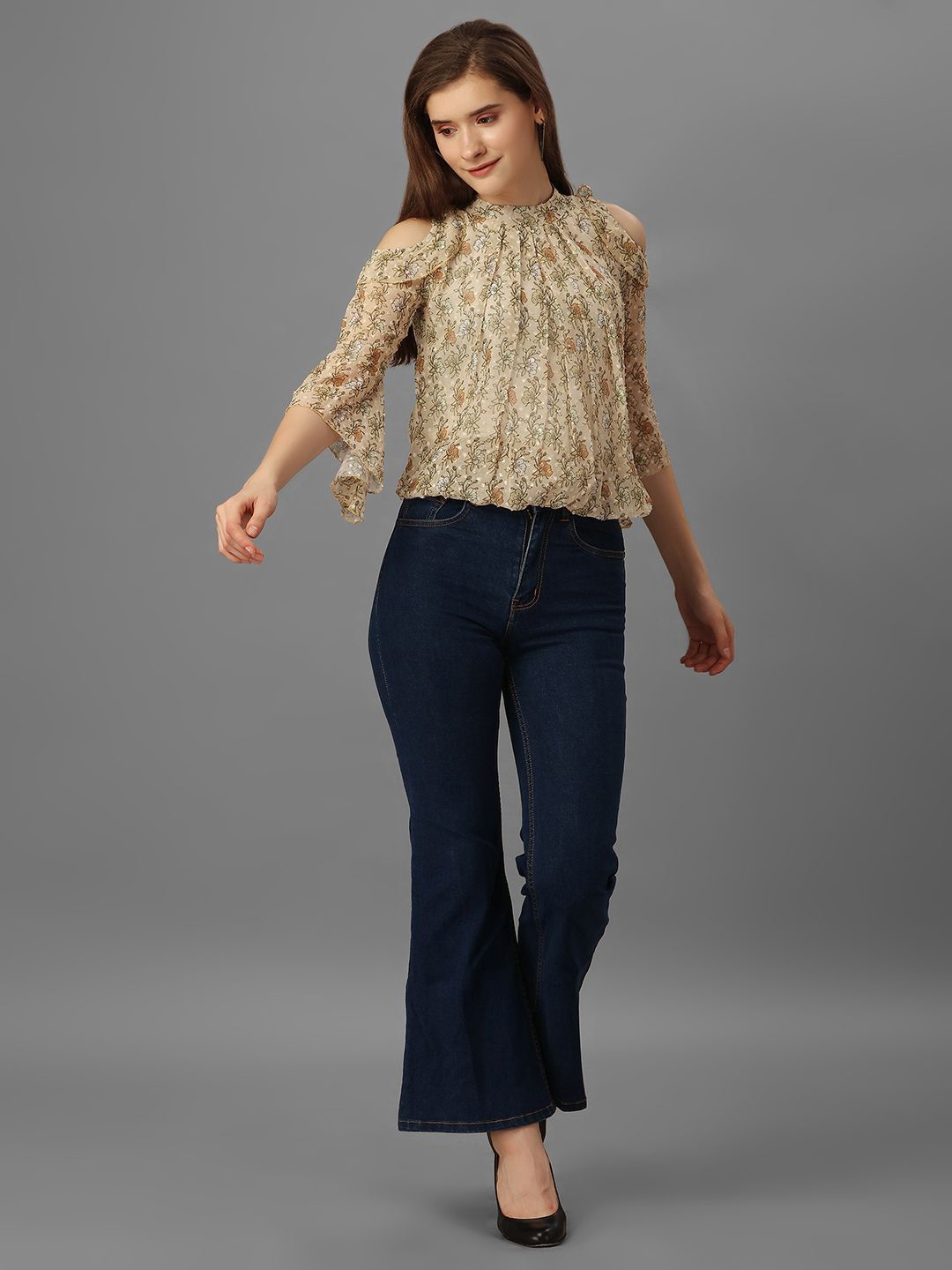 

SXV STYLE Floral Bell Sleeve Georgette Boxy Top, Mustard