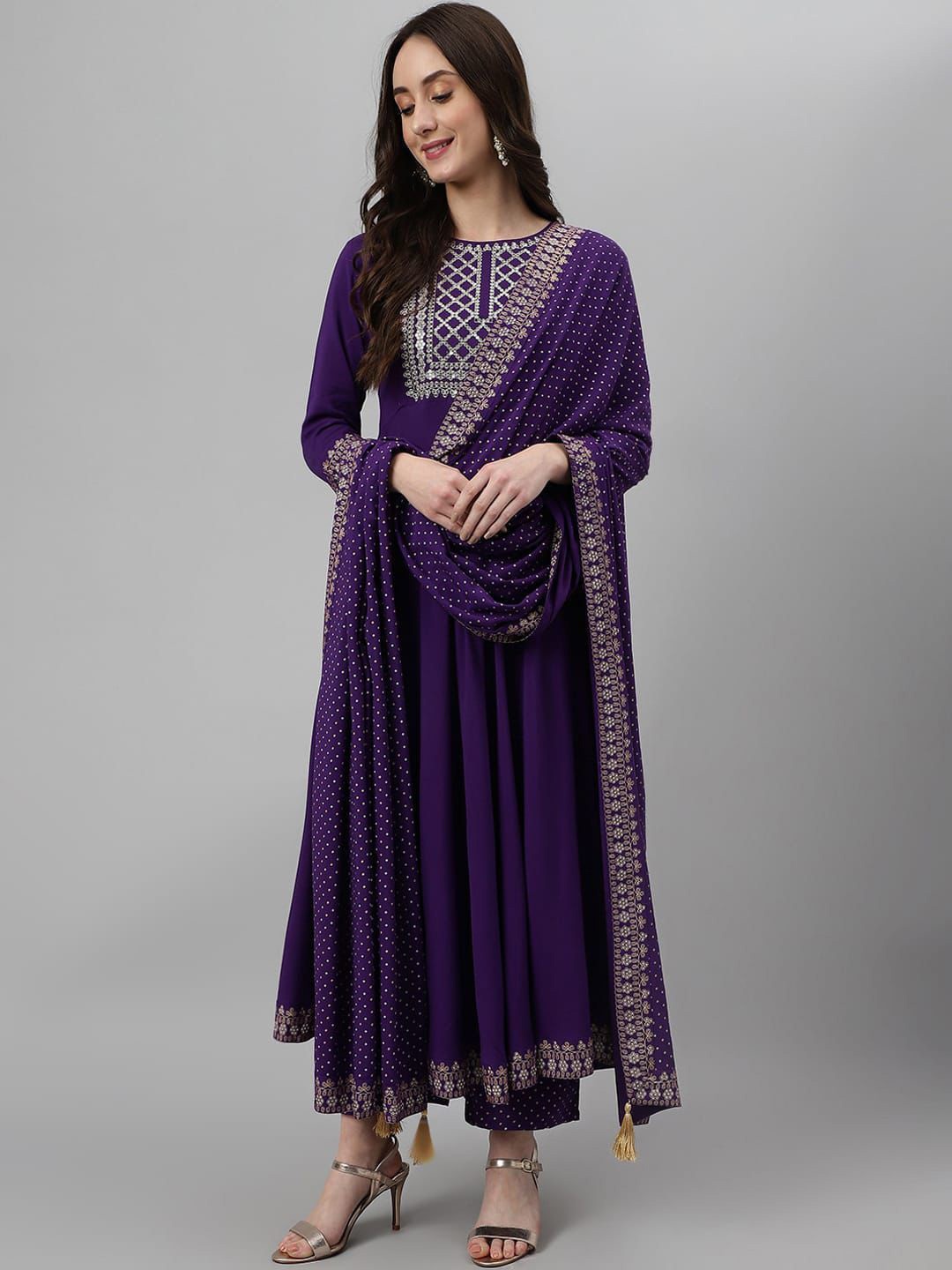

Rujave Floral Yoke Design Empire Sequinned Anarkali Kurta With Trouser & Dupatta, Purple