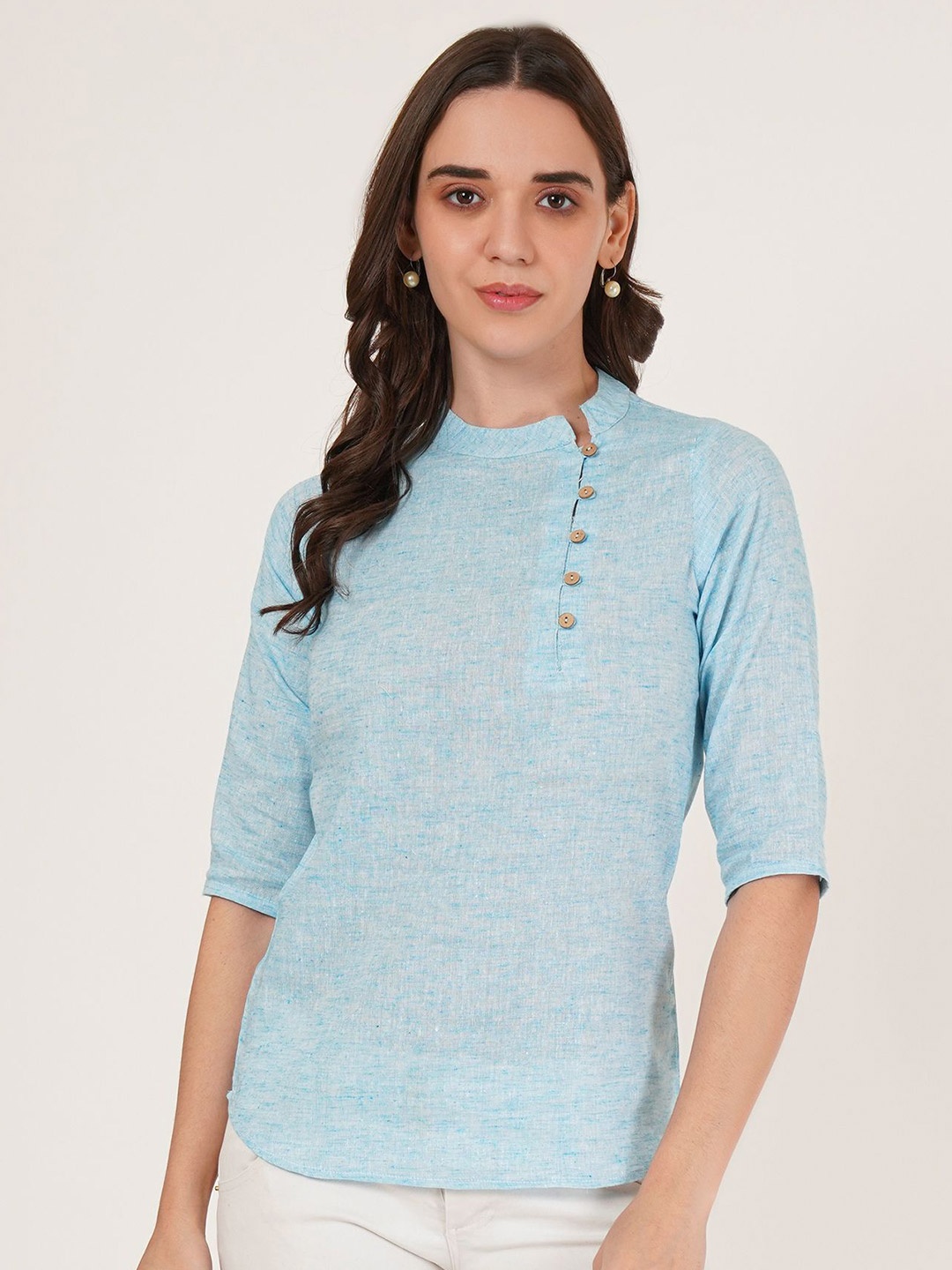 

Brownverse Mandarin Collar Cotton Top, Turquoise blue