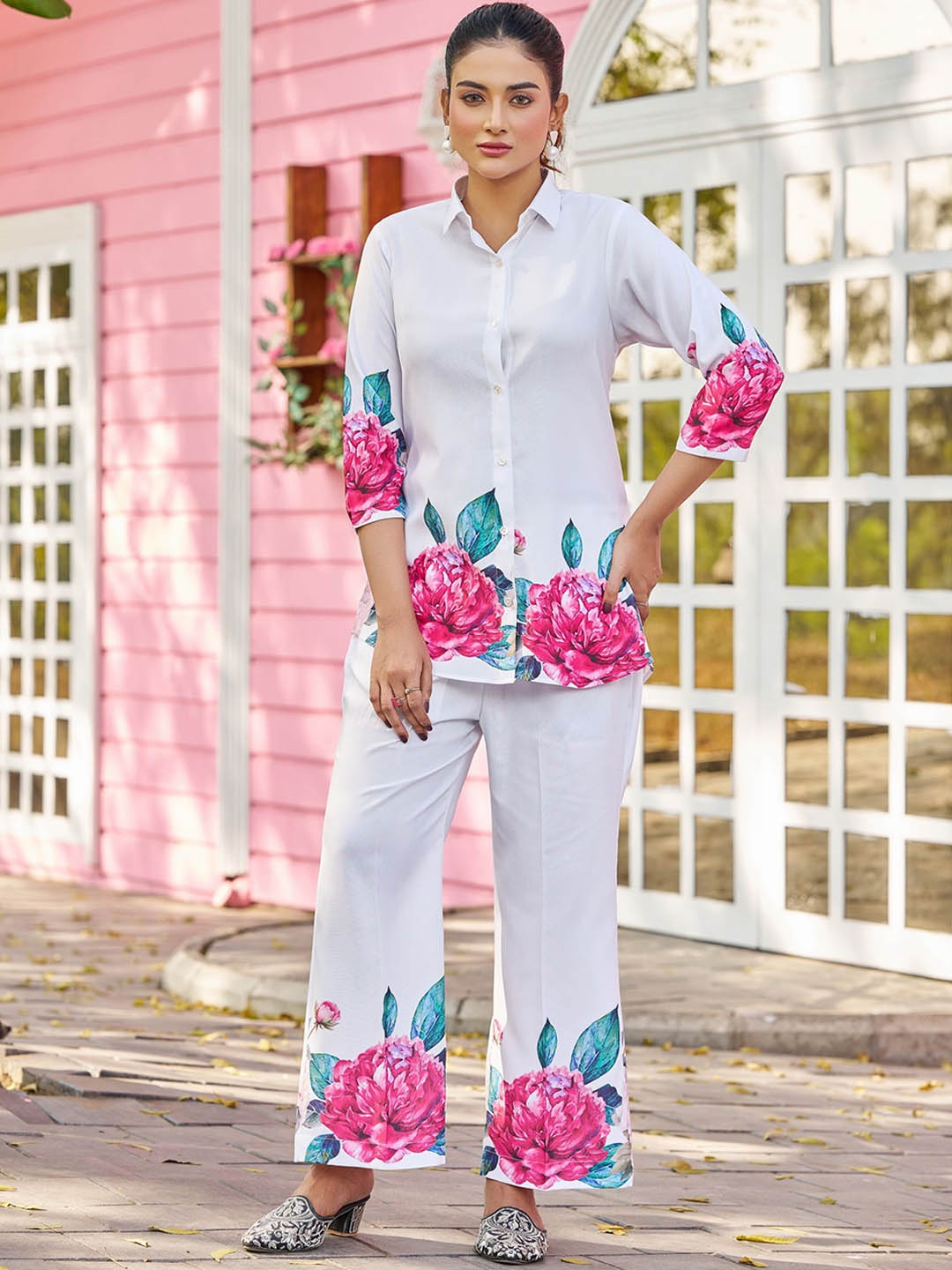 

VIBE VISION Floral Printed Shirt With Trouser Co-Ords, White