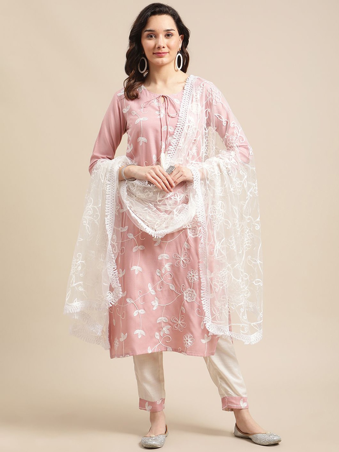 

DIVASTRI Floral Embroidered Tie-Up Neck Straight Aari Work Kurta With Trousers And Dupatta, Pink
