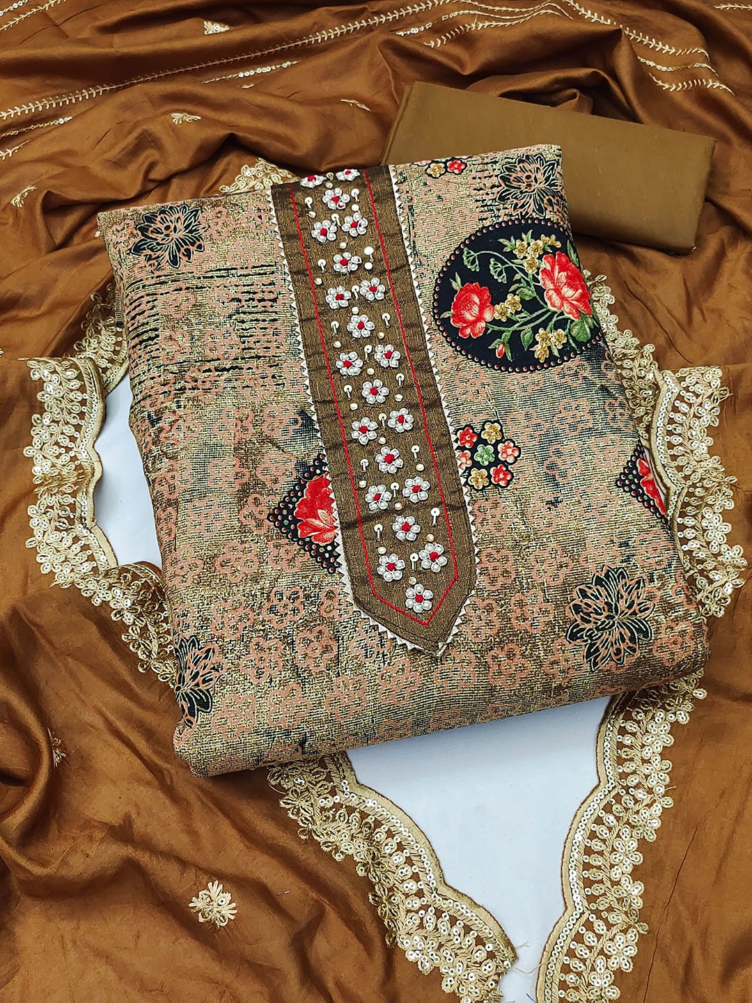 

HERE&NOW Embellished Unstitched Dress Material, Beige