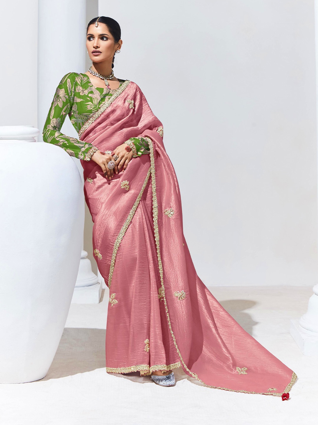 

House of D&S Women's Embellished Beads and Stones Pure Silk Saree, Pink