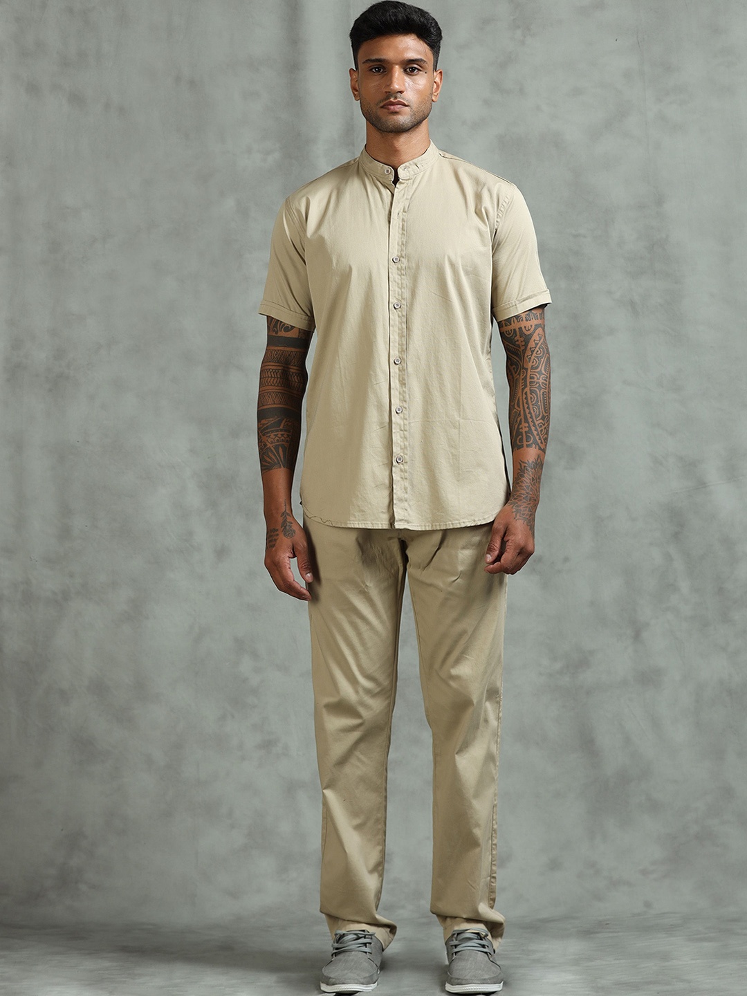 

beevee Band Collar Shirt With Trouser Co-Ords, Beige