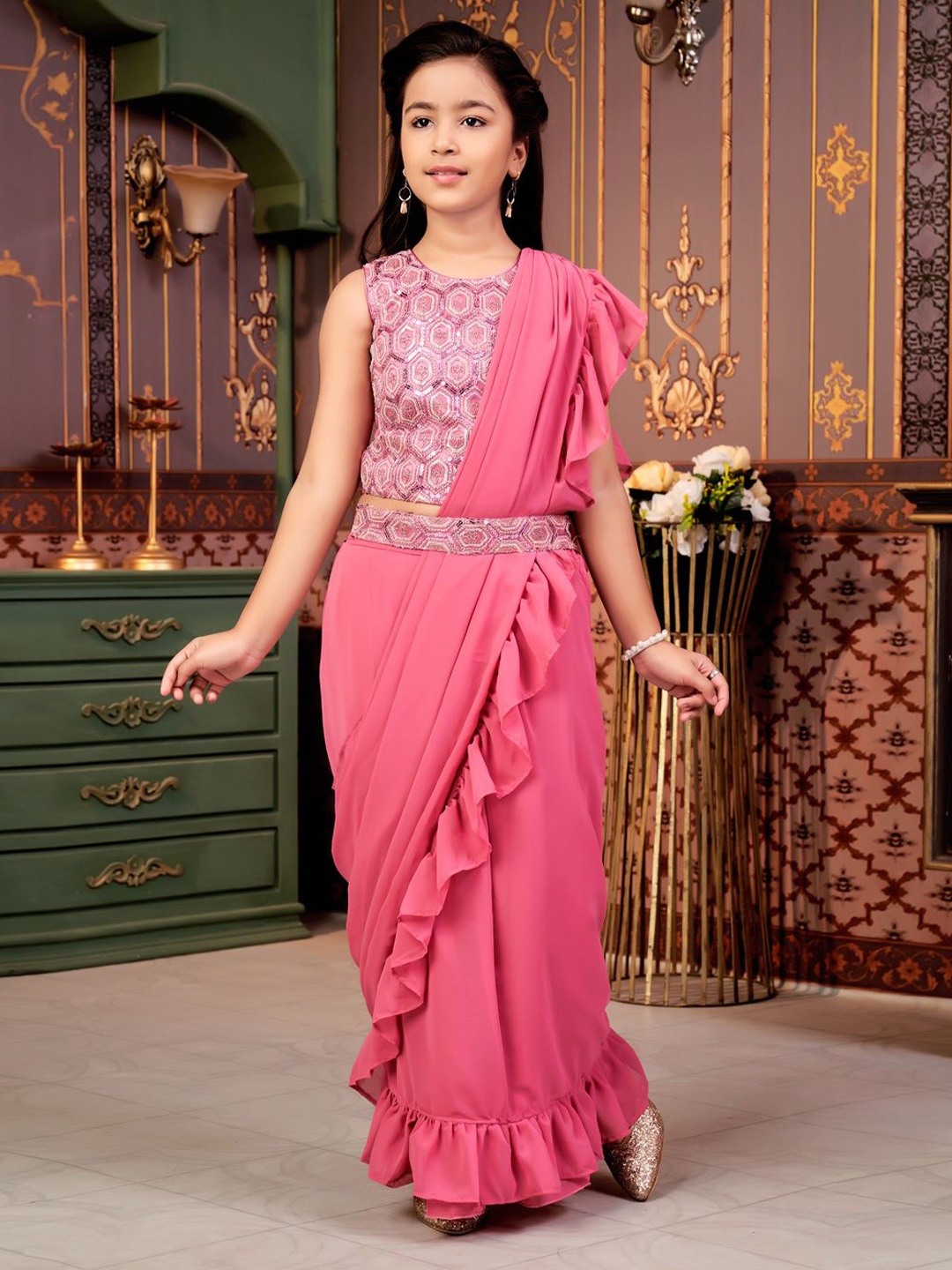 

Sangria Girls Sequin Embroidered Lehenga Choli With Attached Dupatta, Pink