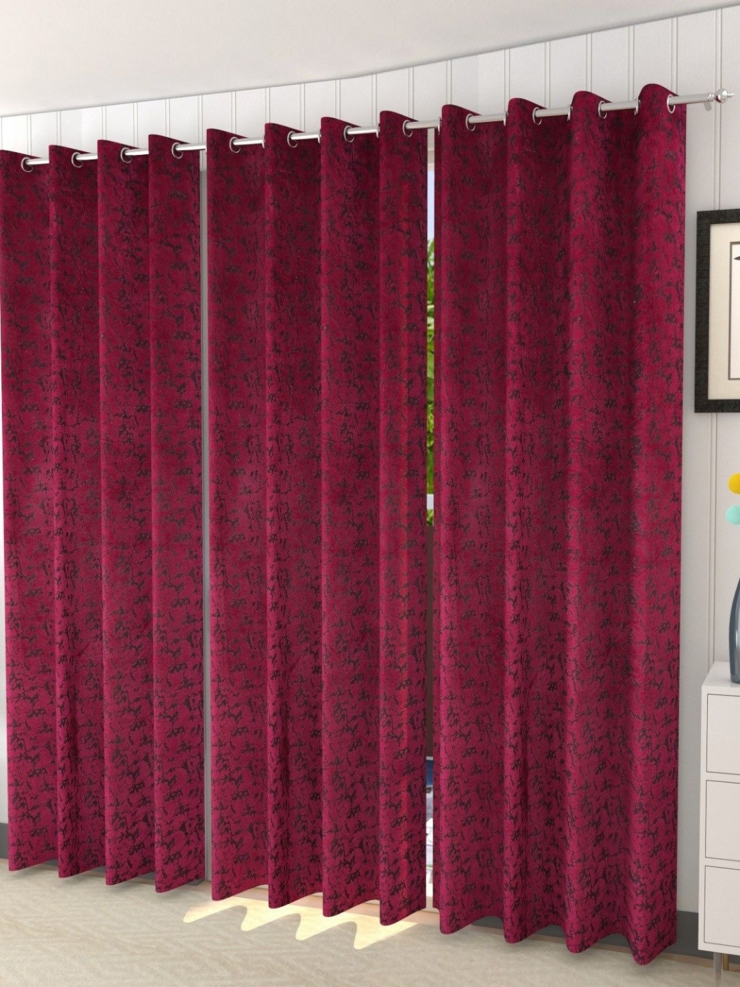

Galaxy Home Decor Burgundy and Black 3 Pieces Abstract Printed Velvet Window Curtains