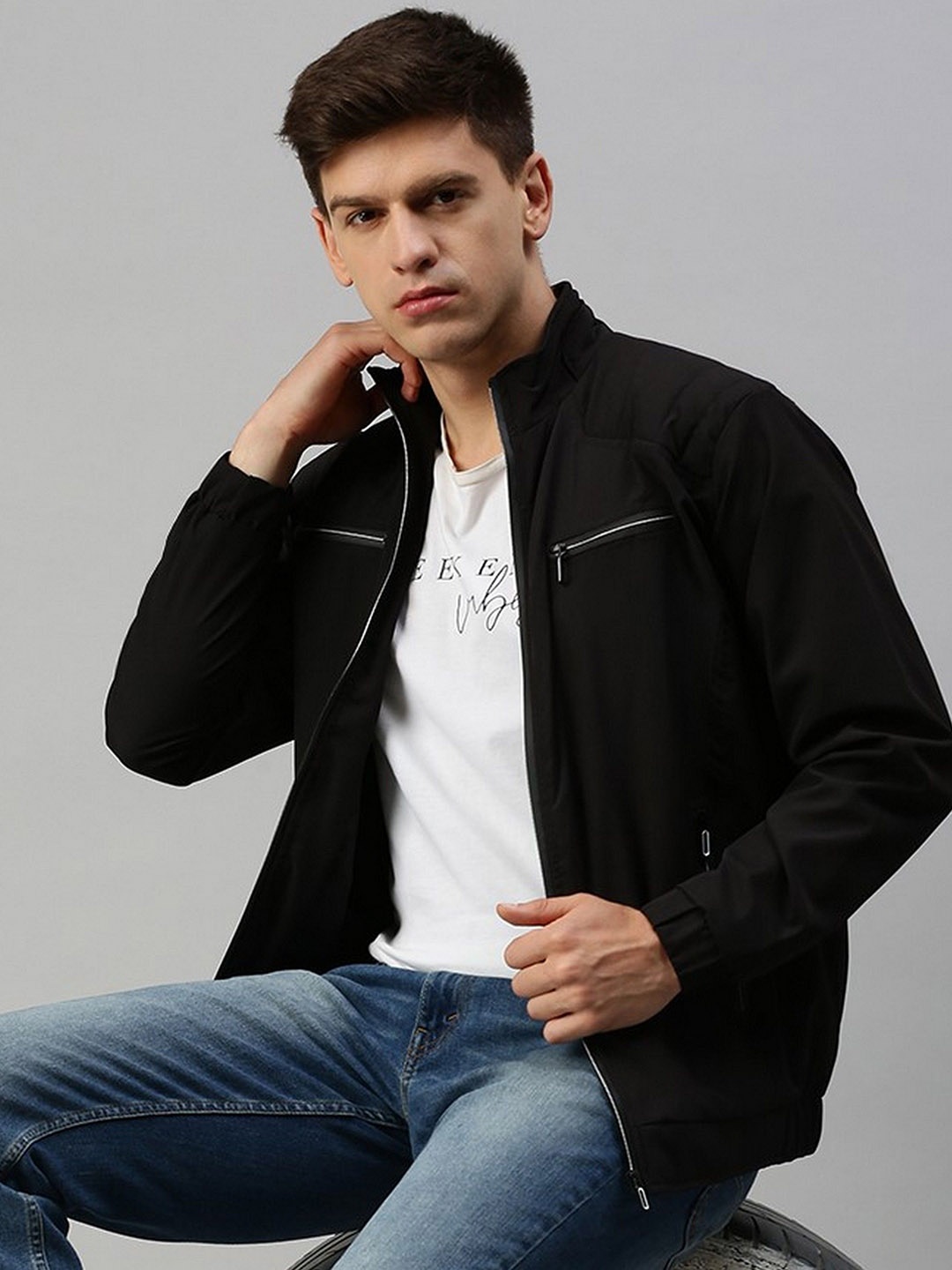 

Kaali Peeli Men Checked Polyester Windcheater Outdoor Bomber Jacket, Black