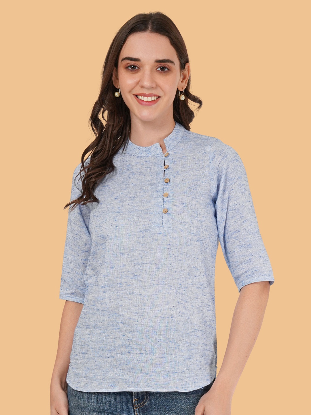 

Brownverse Mandarin Collar Cotton Top, Blue