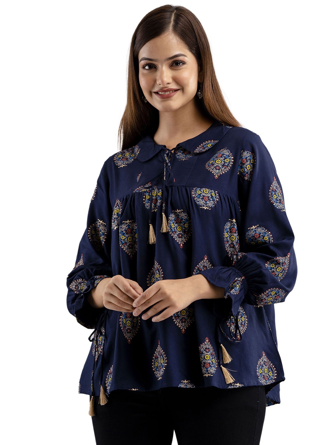 

DMP FASHION Women Ethnic Motifs Print Tie-Up Neck Bell Sleeves Cotton A-Line Top, Navy blue