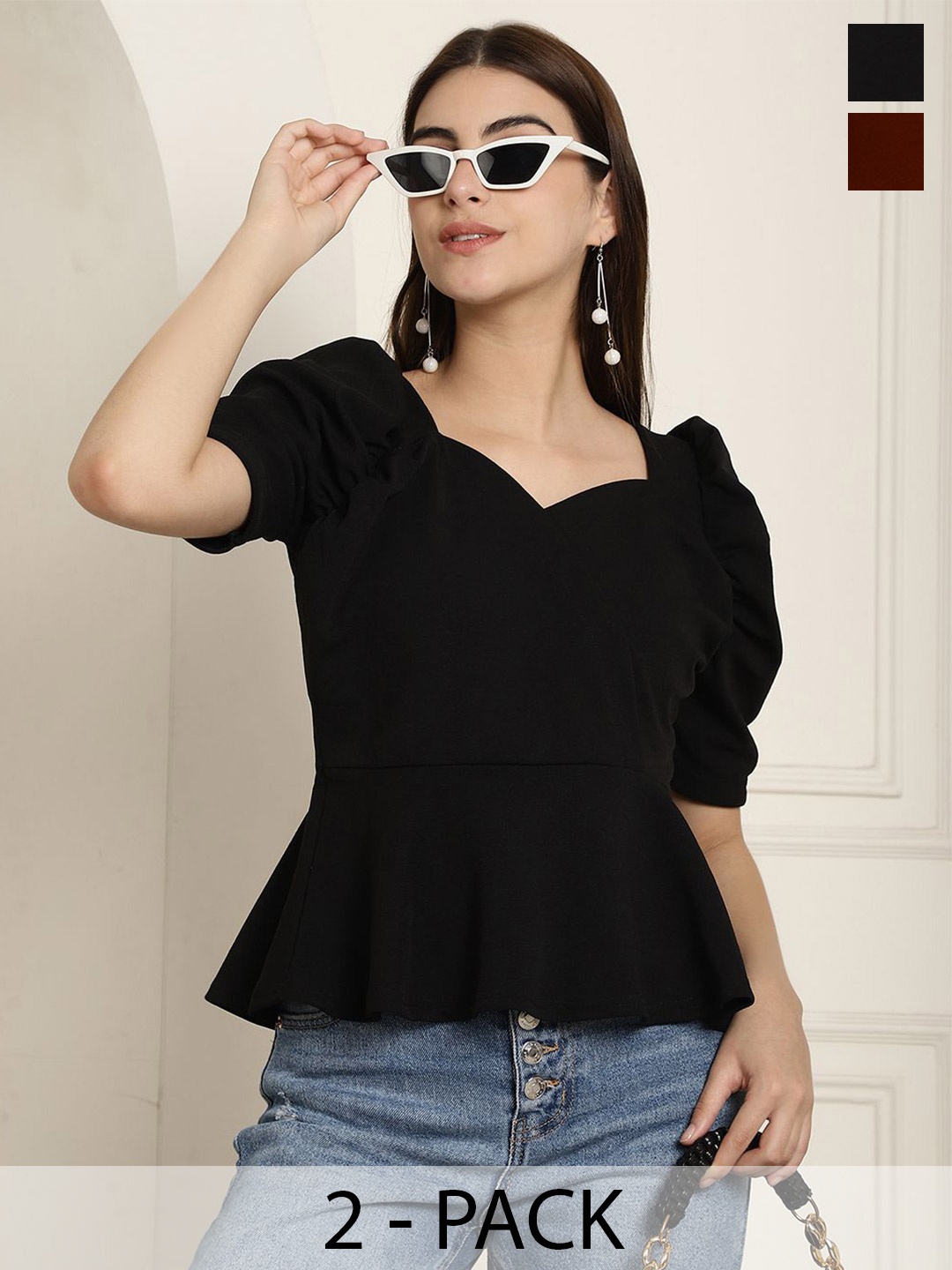 

Tromko Women Pack Of 2 Sweetheart Neck Puff Sleeve Peplum & Regular Top, Black