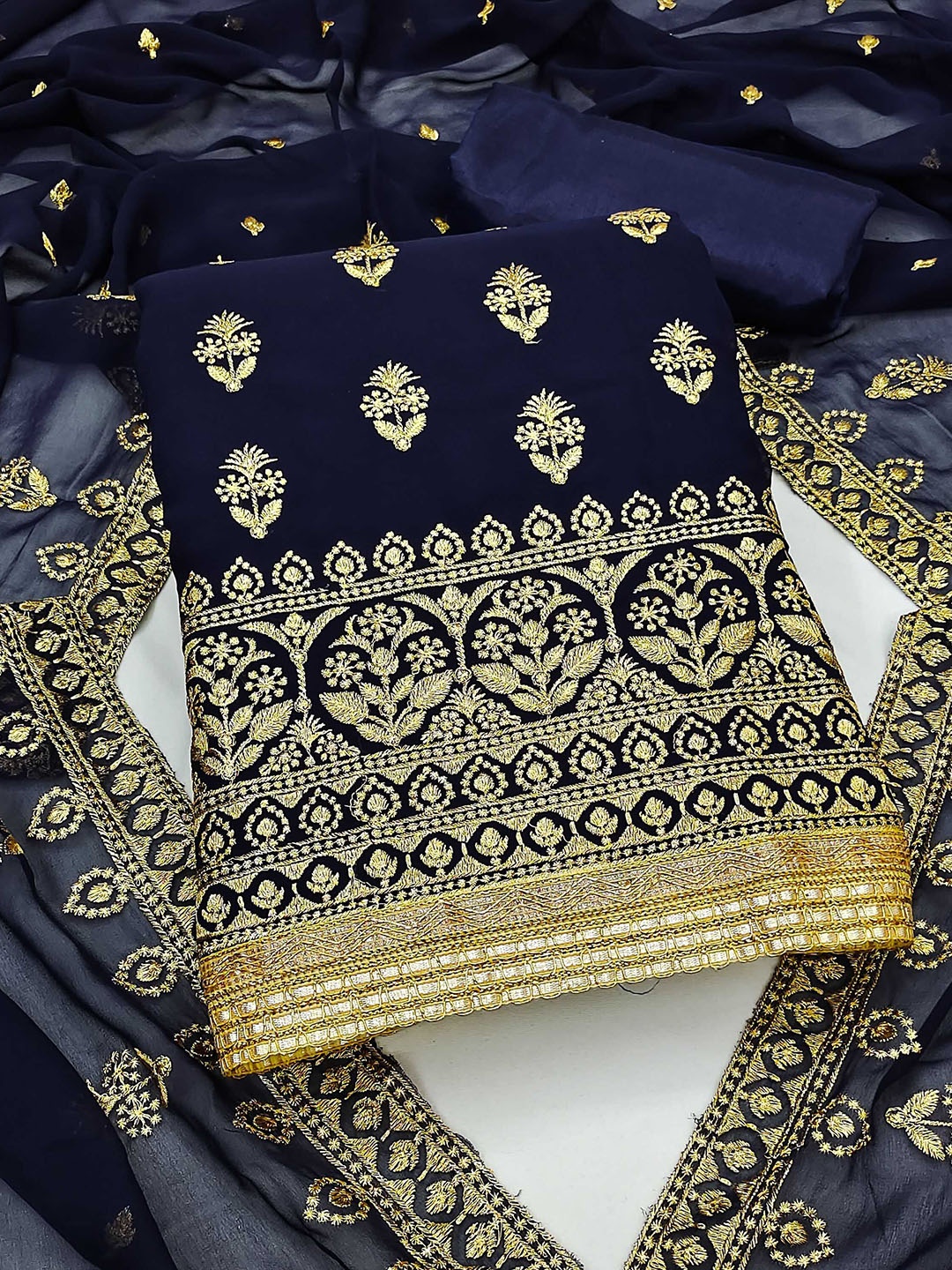 

HERE&NOW Embroidered Silk Georgette Unstitched Dress Material, Navy blue