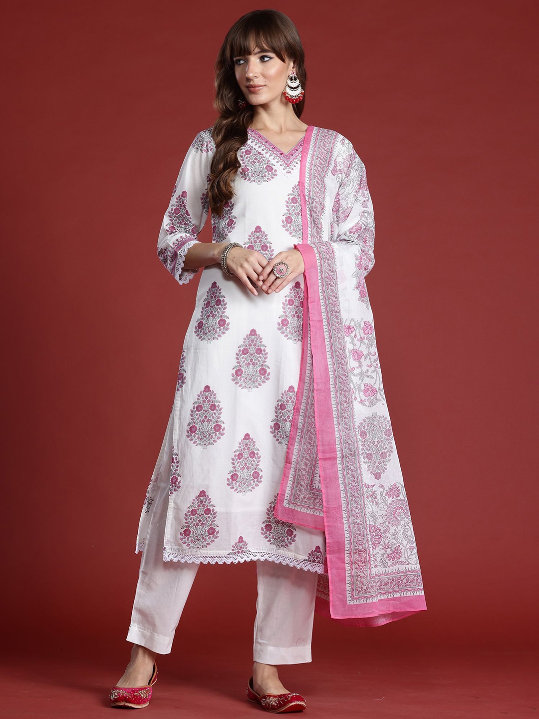 

Indo Era Floral Printed Sequinned V-Neck Pure Cotton Kurta with Trousers & Dupatta, White
