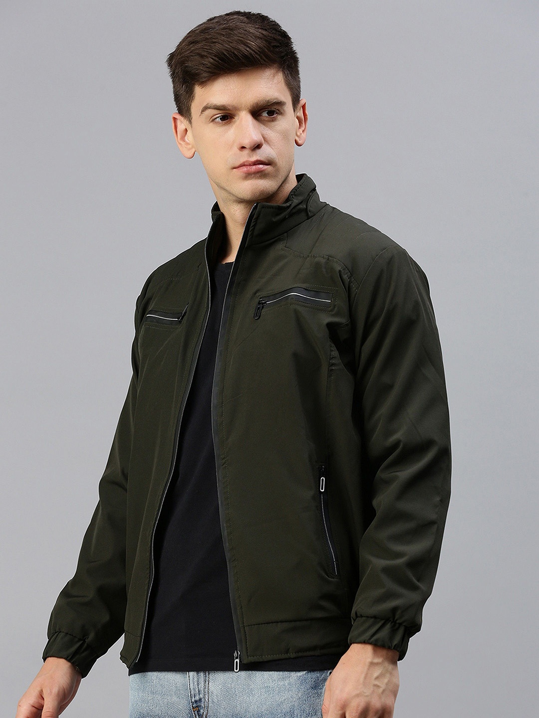 

Kaali Peeli Men Polyester Windcheater Outdoor Bomber with Patchwork Jacket, Green