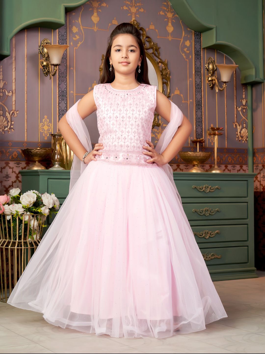 

Sangria Girls Mirror Embroidered Net Lehenga Choli With Dupatta, Pink