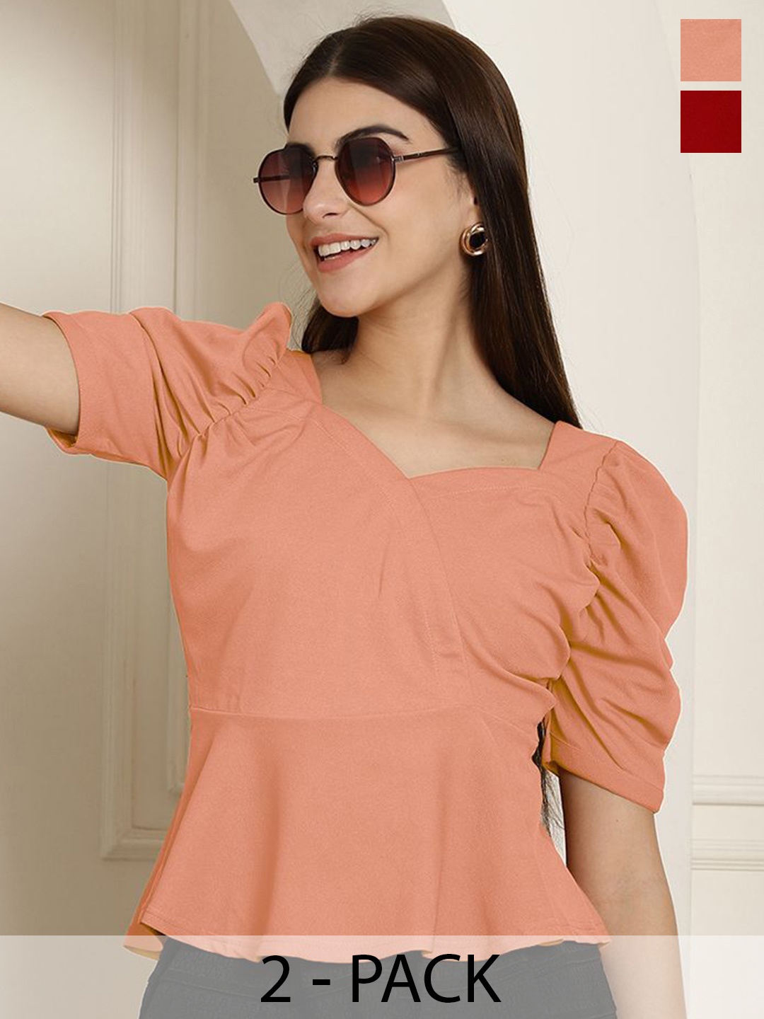 

Tromko Women Pack Of 2 Puff Sleeve Peplum Top, Multi