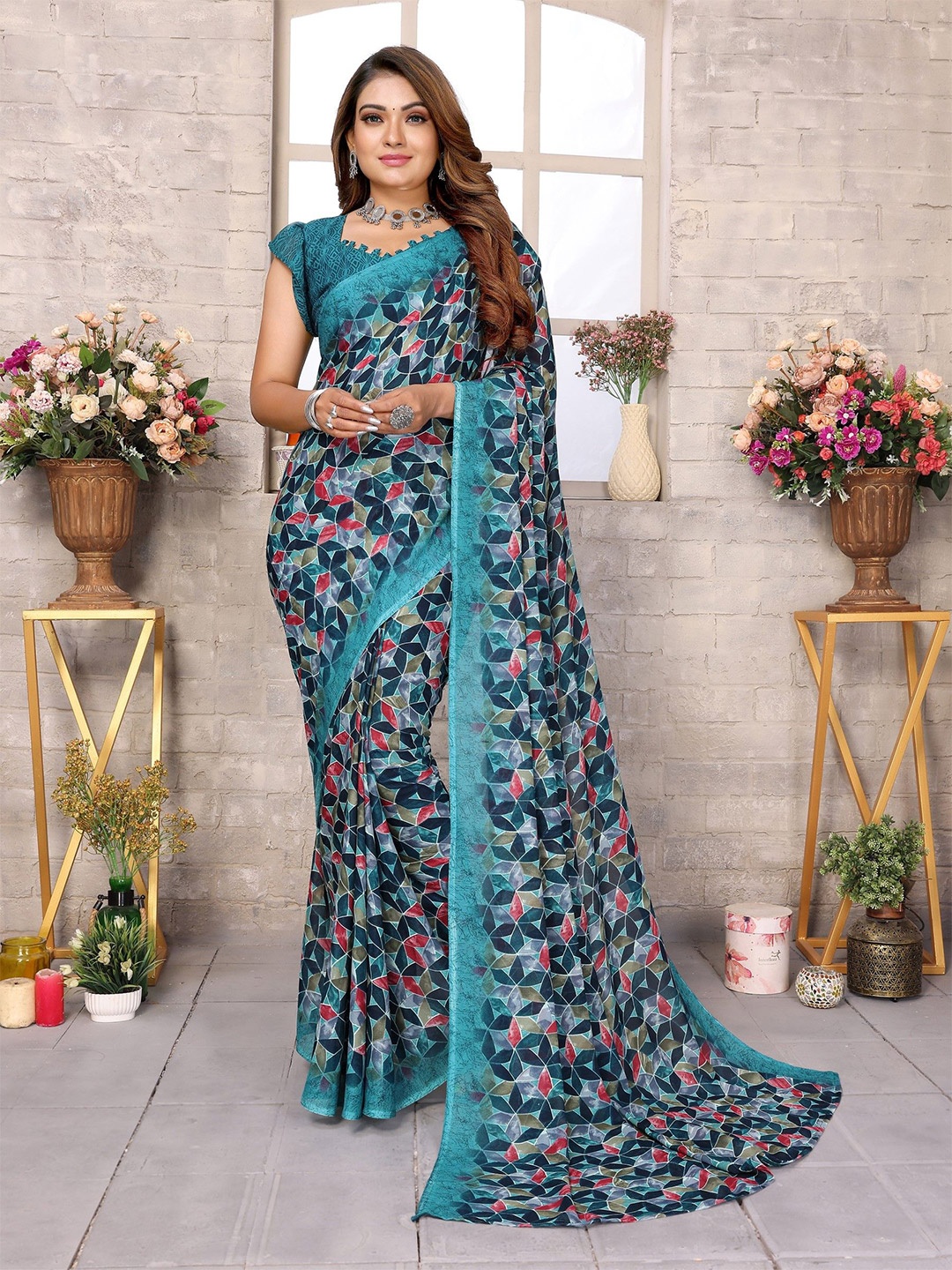 

Nirmohi Fashion Poly Georgette Saree, Teal