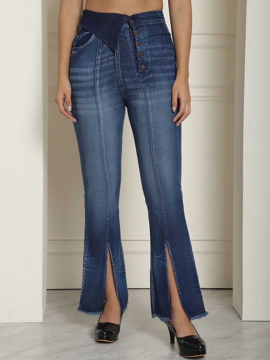 

JAKANARY Women Faded Relaxed High-Rise Easy Wash Pleated Trousers, Blue