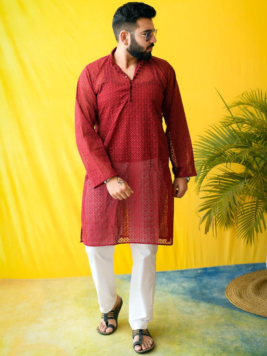 

Echo Ethnic Men Ethnic Motifs Embroidered Chikankari Handloom Georgette Kurta, Maroon