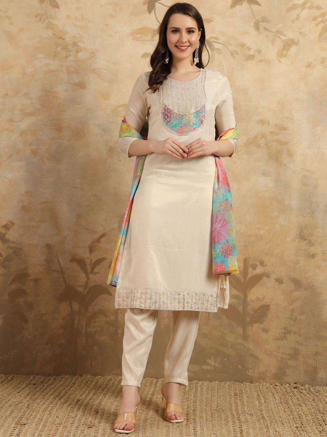

TOOCHKI Women Ethnic Motifs Embroidered Regular Thread Work Pure Silk Kurta with Trousers & With Dupatta, Cream